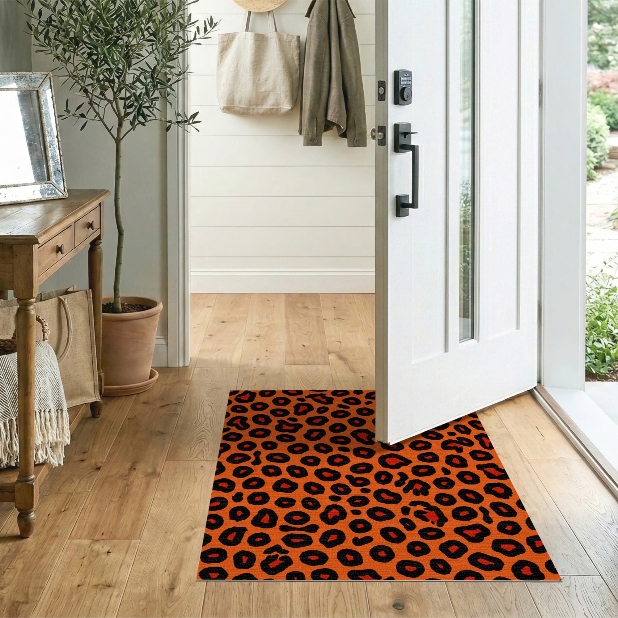 Bold Orange Leopard Print Washable Area Rug, Low Pile & Non-Slip