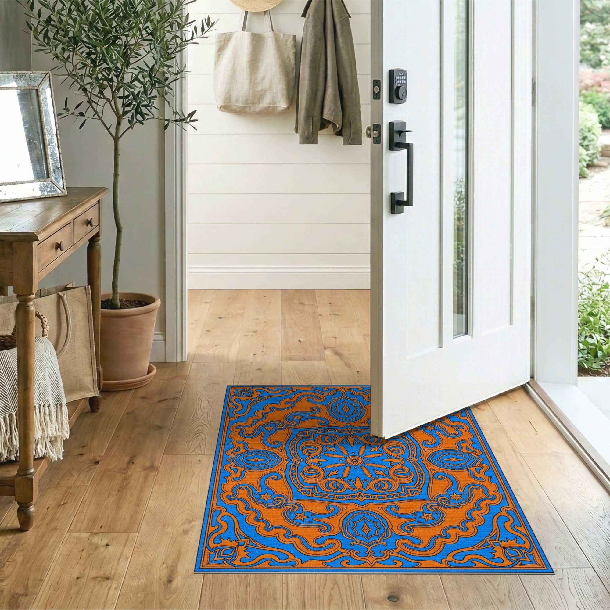 Vibrant Blue Orange Traditional Persian Area Rug