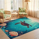 ODIKA Sea Turtle Underwater Washable Area Rug - Teal & Coral Low Pile Non-Slip Kids Play Mat, OEKO-TEX Certified