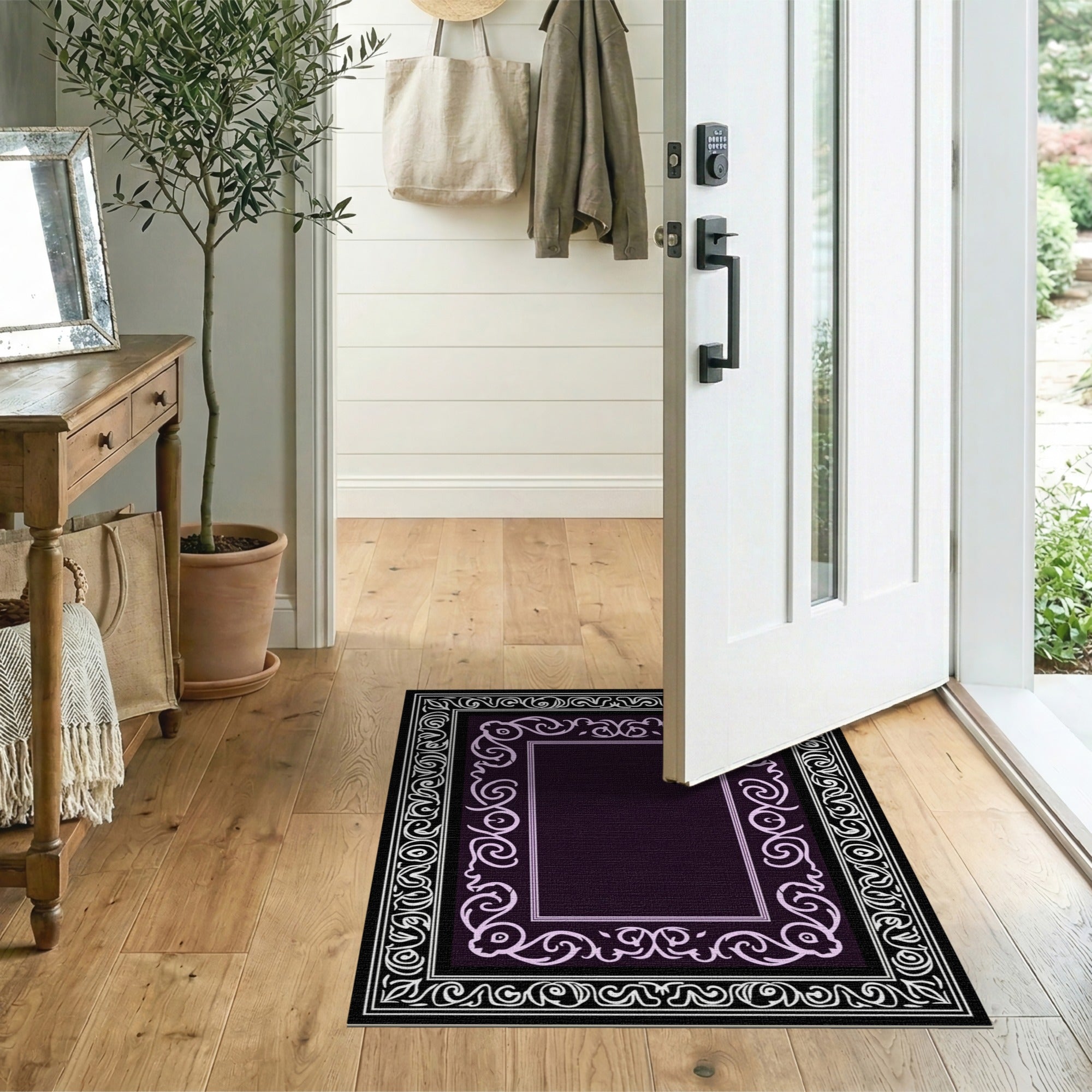 Floral Vintage Purple Ornate Floral Frame Area Rug