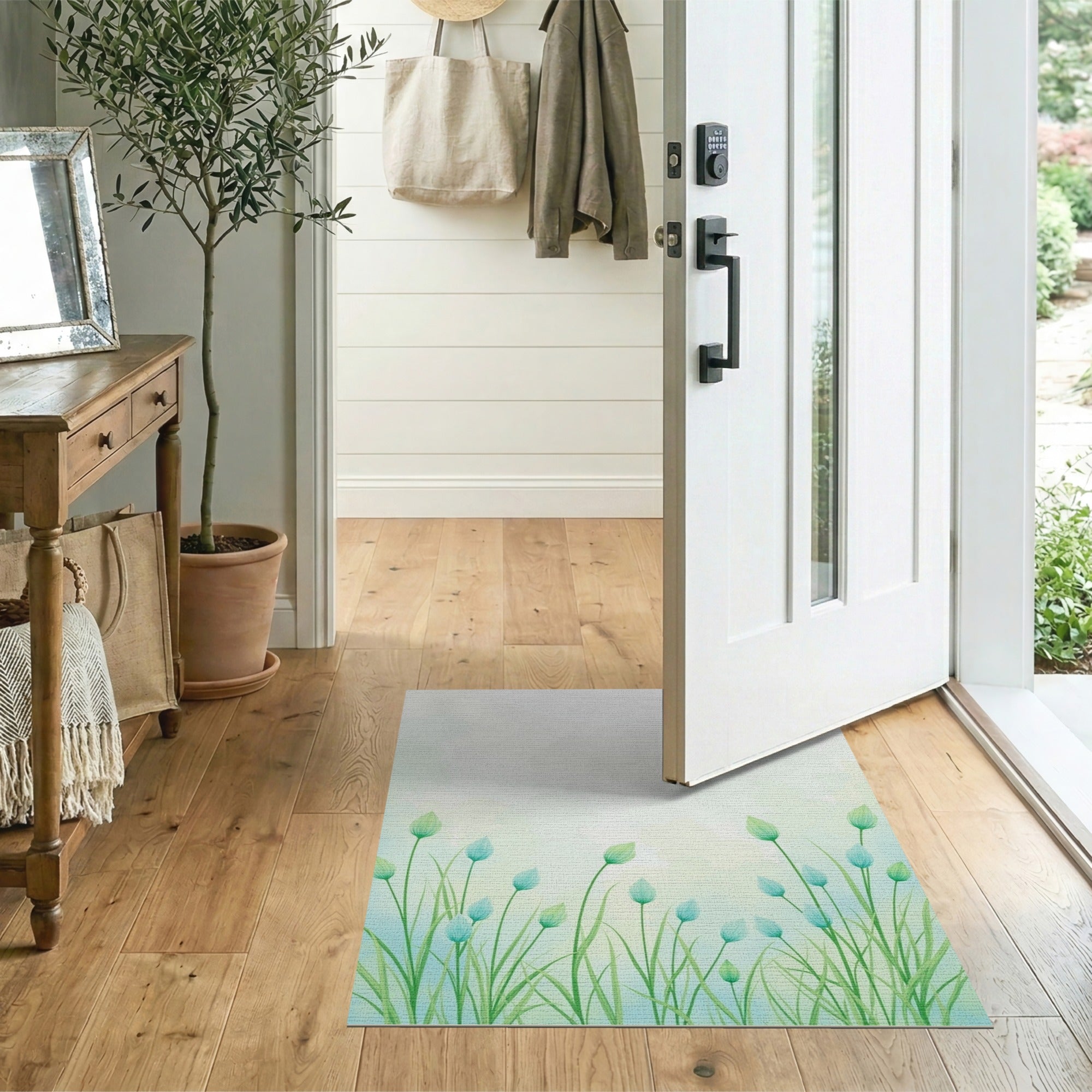 Delicate Teal Green Buds Floral Area Rug