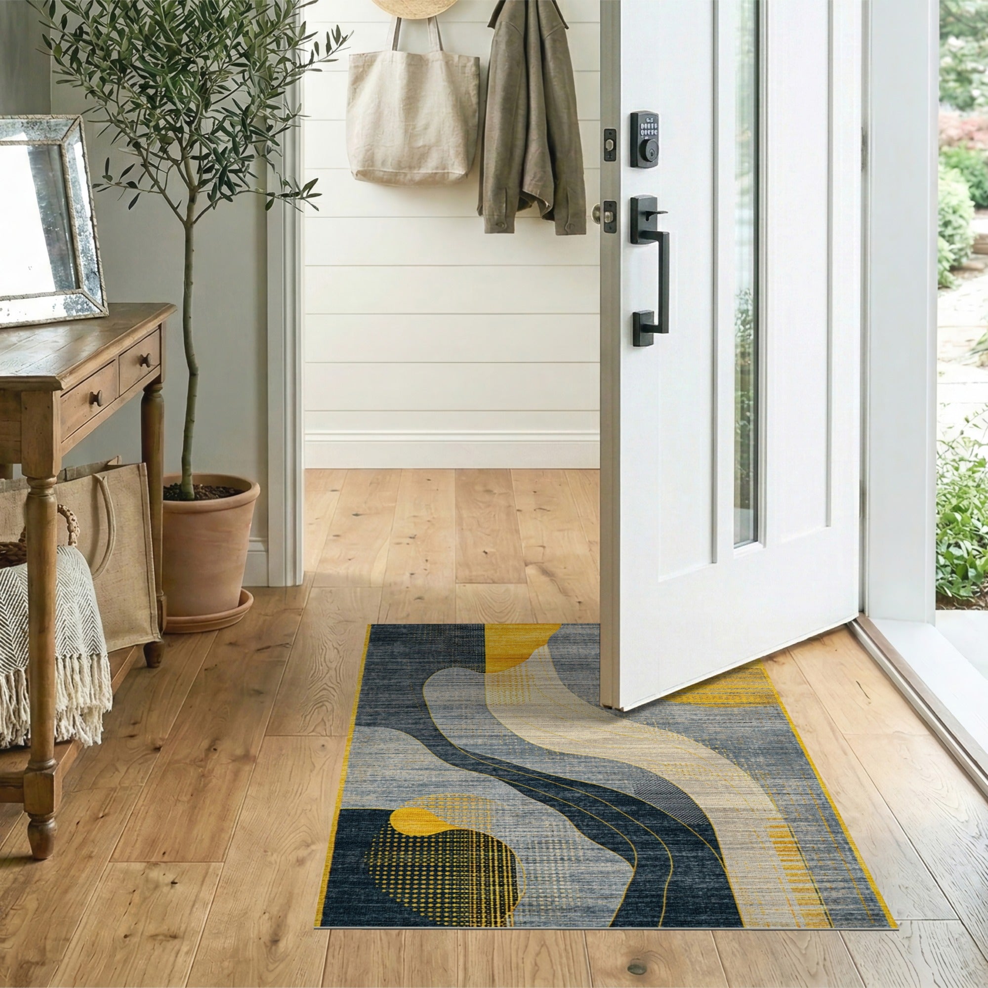 Abstract Navy Yellow Wave Geometric Rug