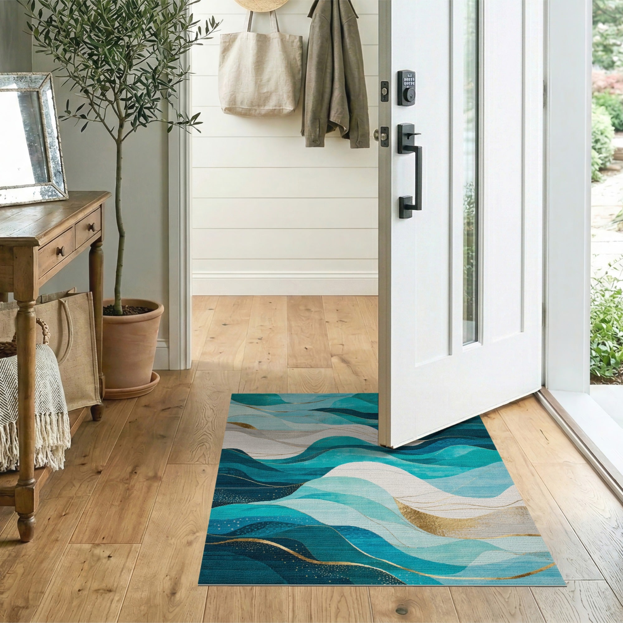 Washable Modern Abstract Teal & Gold Wave Area Rug - Low Pile, Non-Slip