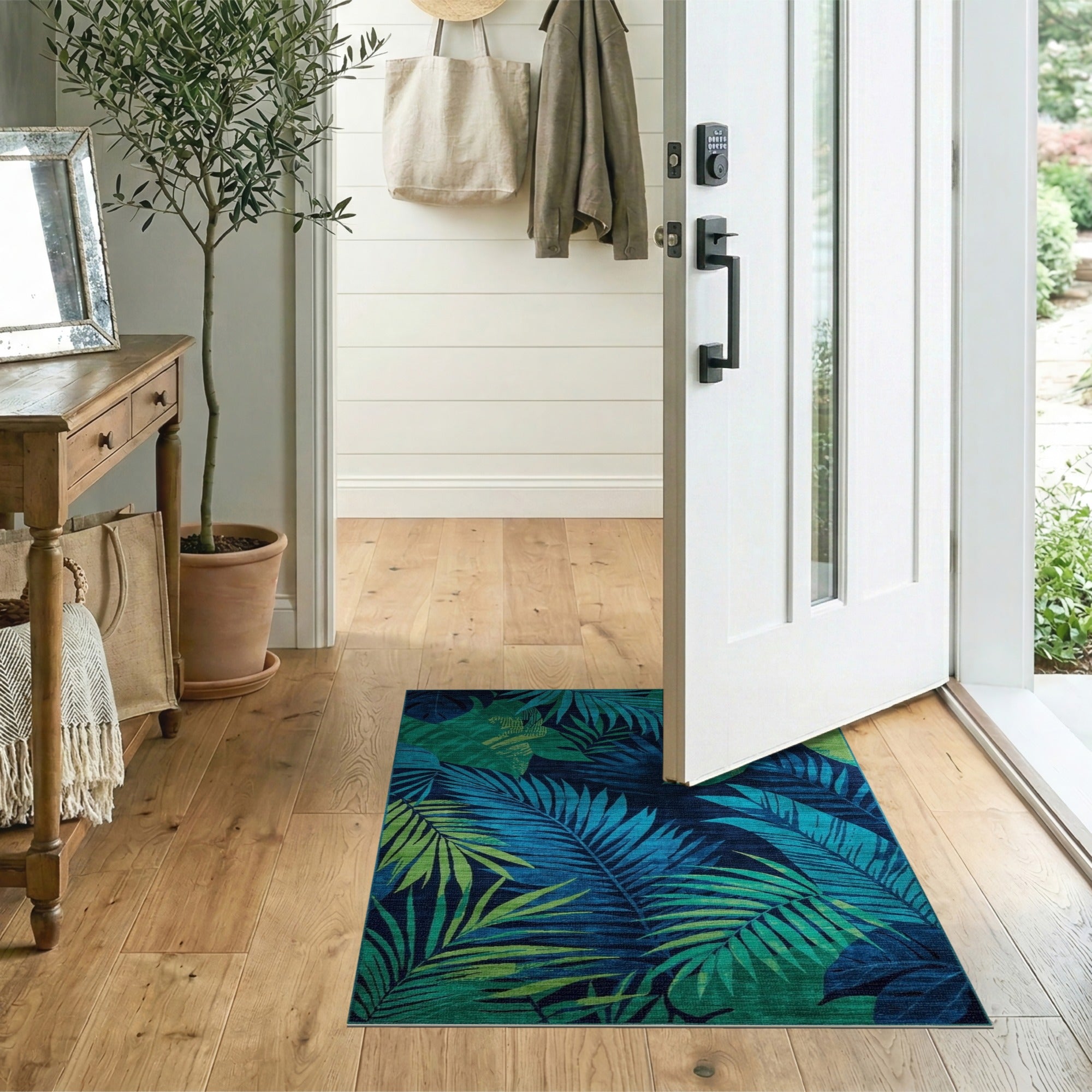 Blue and Teal Navy Blue Tropical Palm Leaf Area Rug
