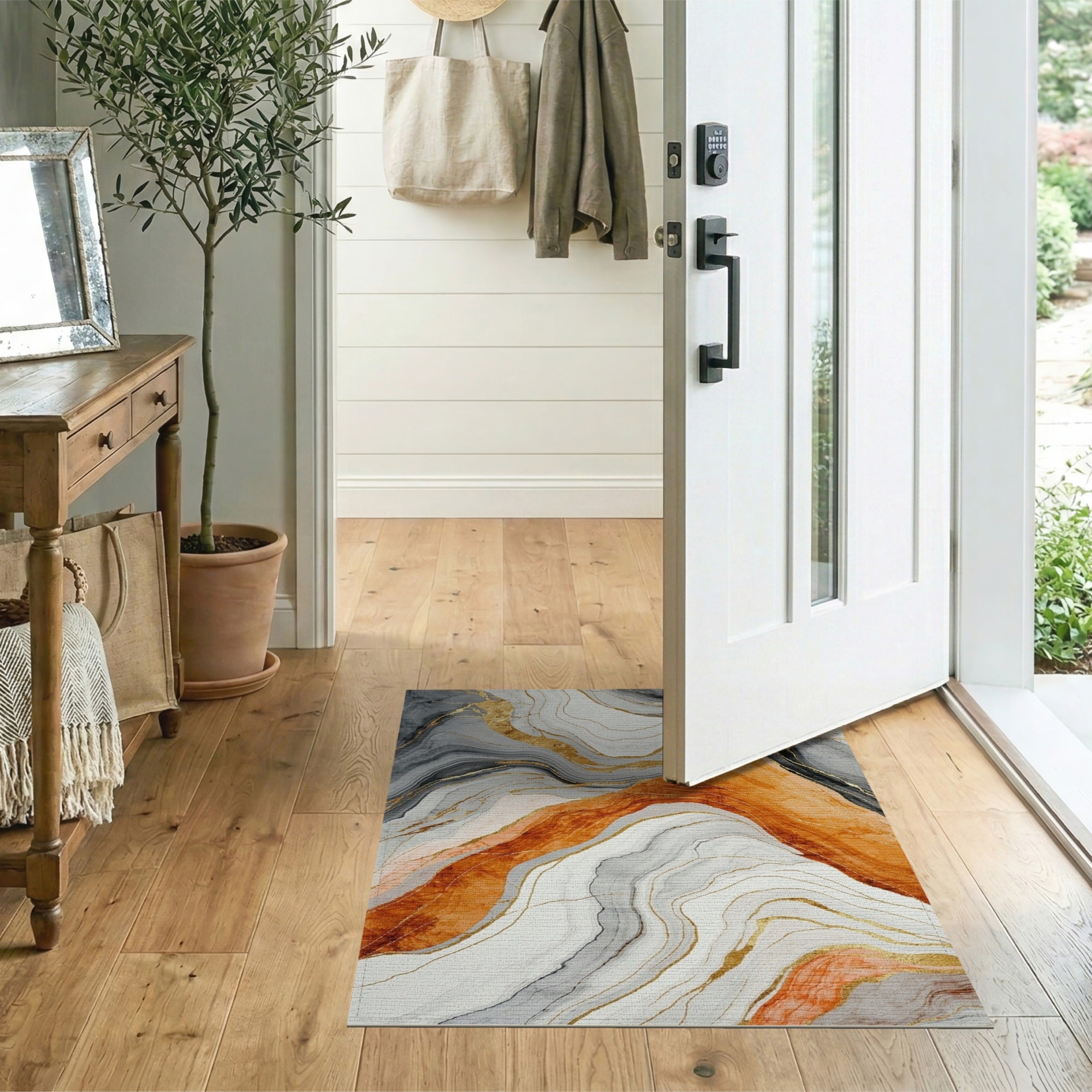 Orange Grey Marble Swirl Area Rug