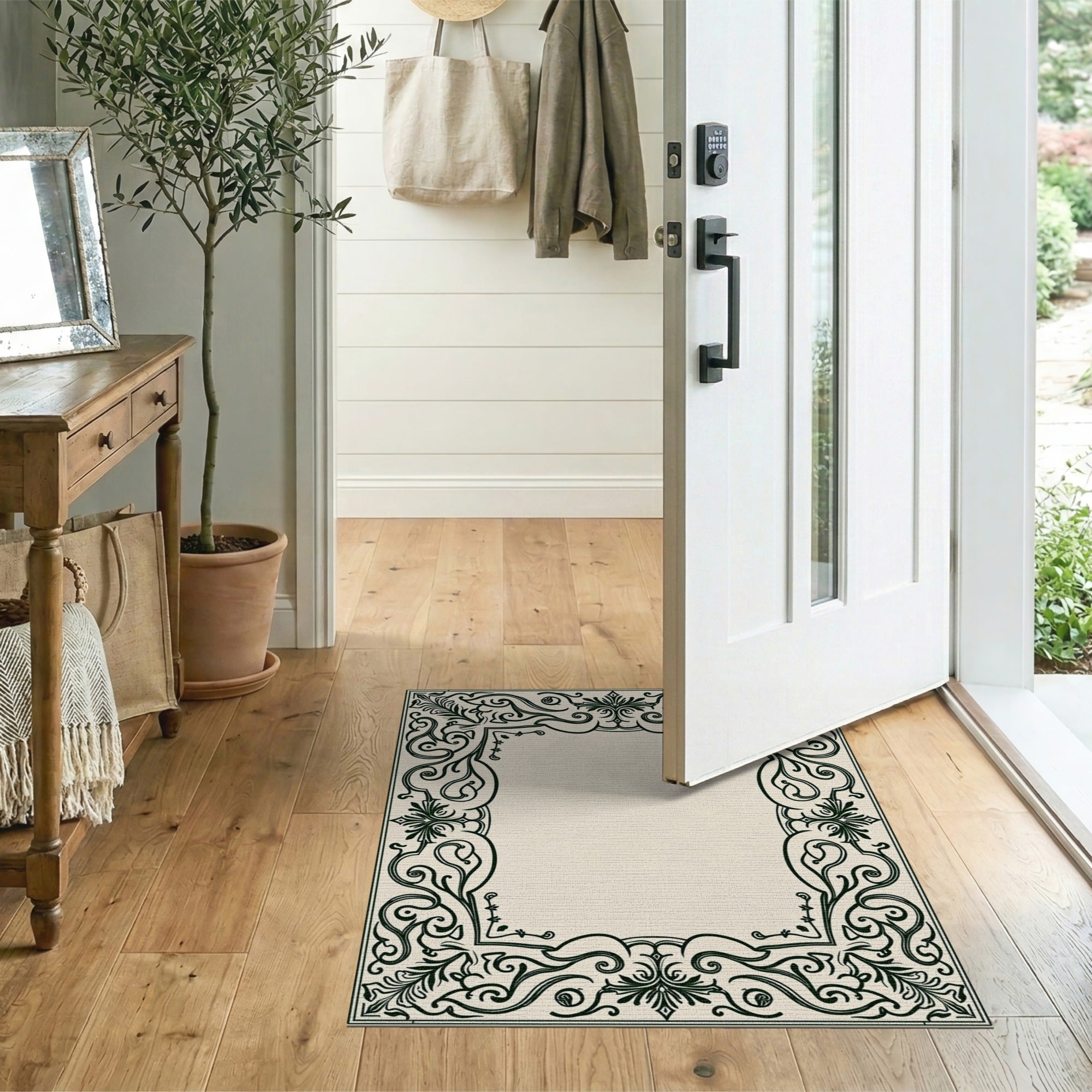 Ornate Beige and Neutral Ornate Floral Border Area Rug