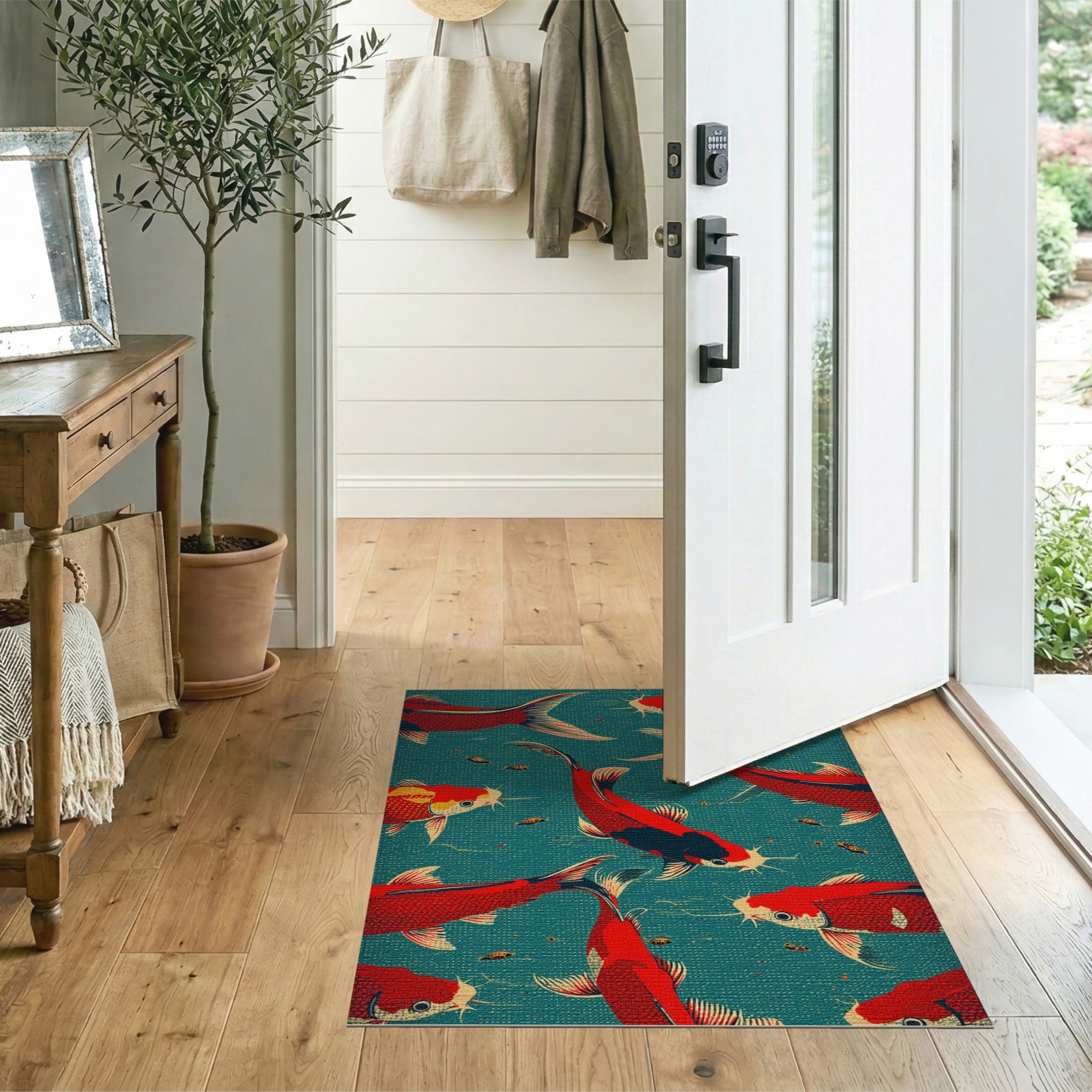 Vibrant Red Koi on Teal Area Rug