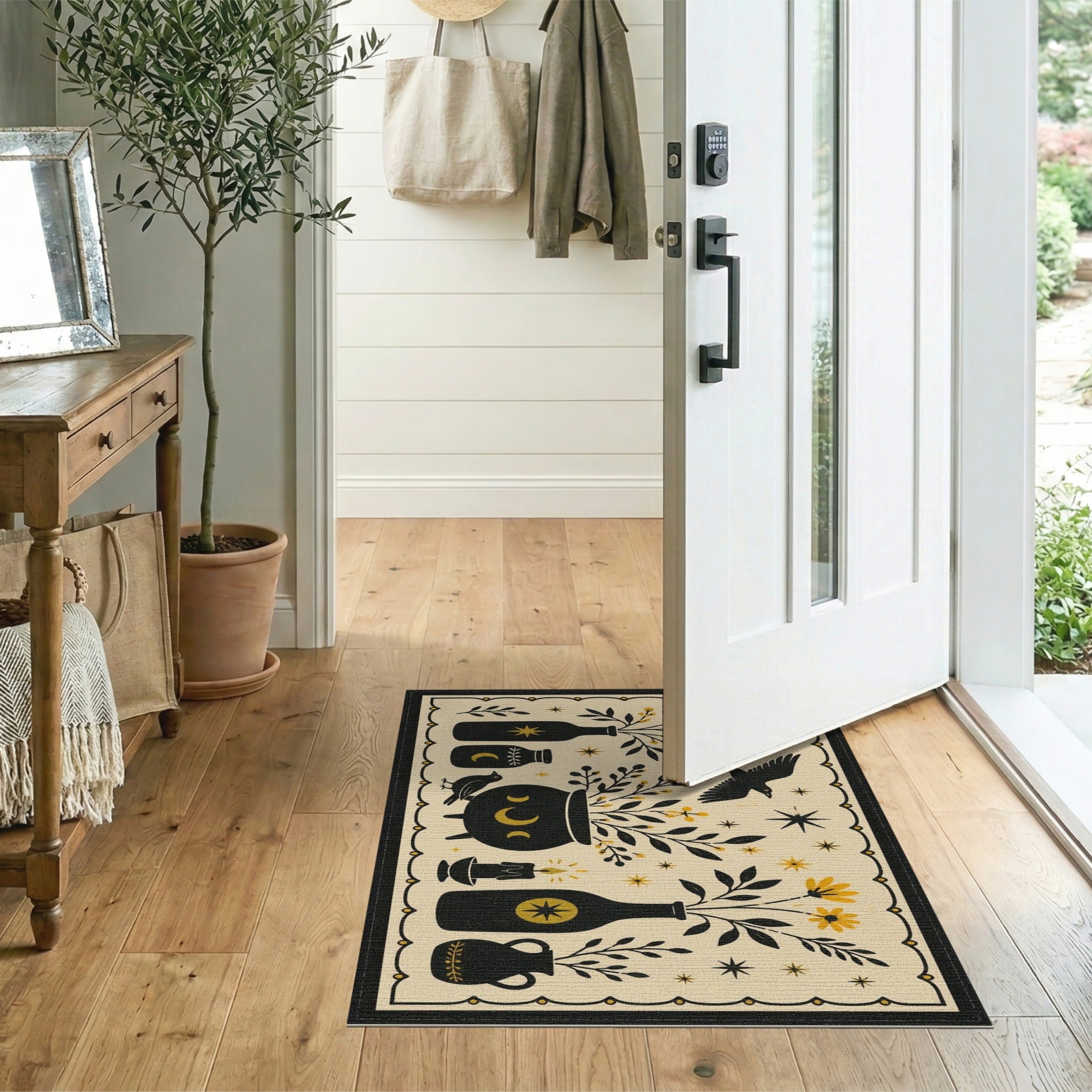 Black White Celestial Bird Area Rug