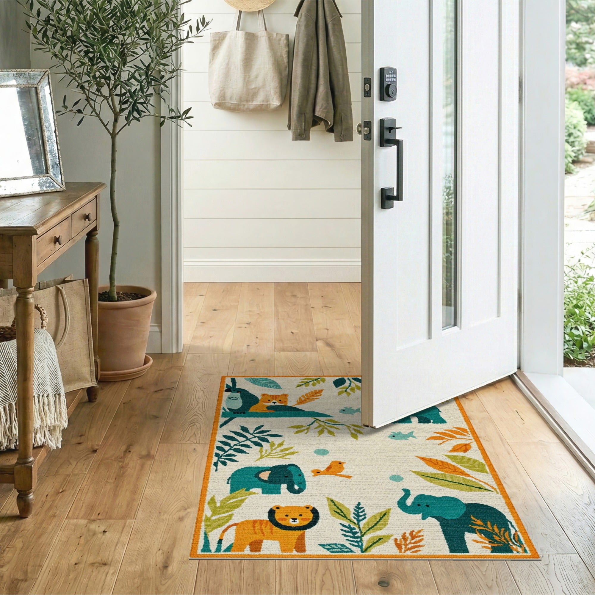 Teal Jungle Animals Kids Cartoon Rug