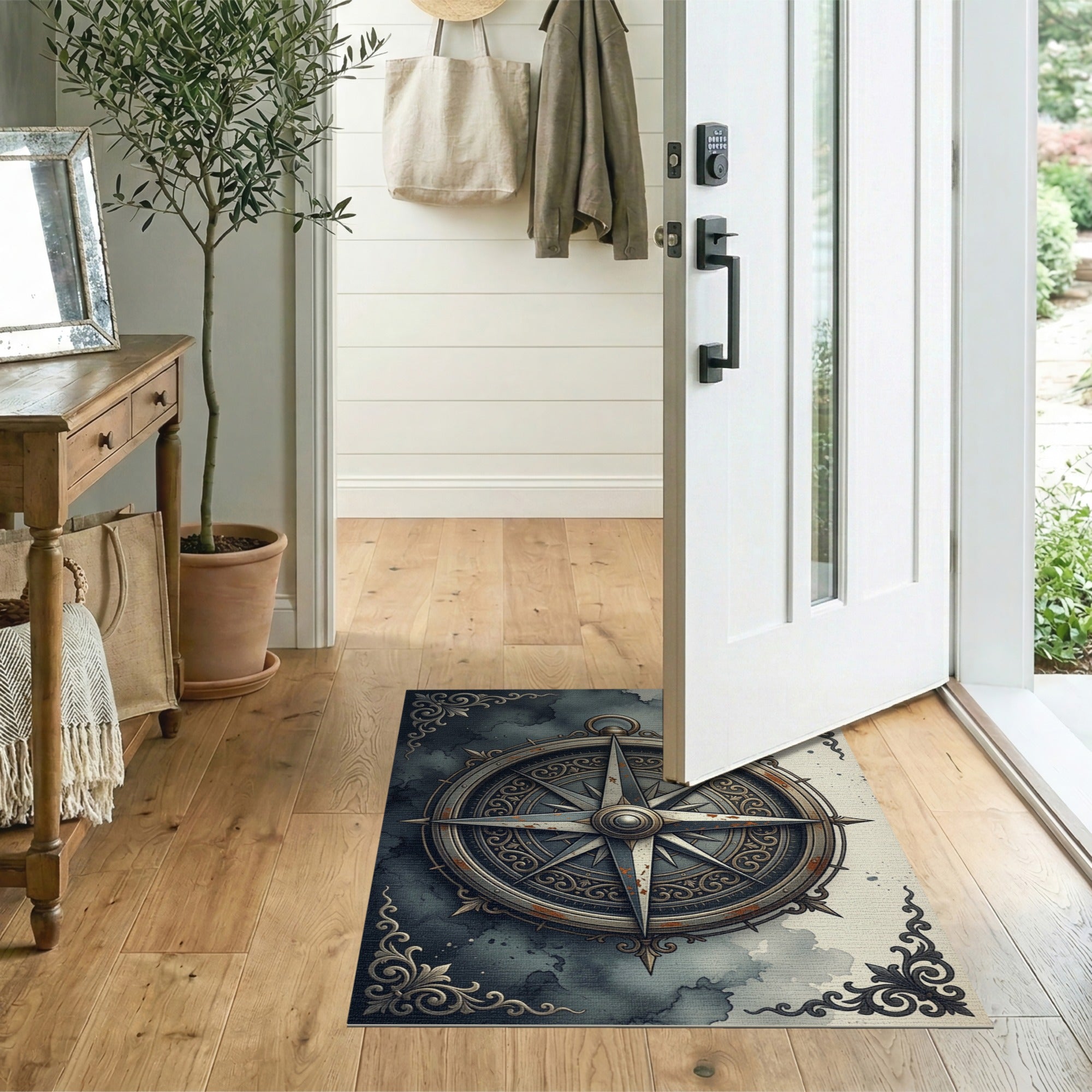 Grey Ornate Distressed Compass Rose Area Rug