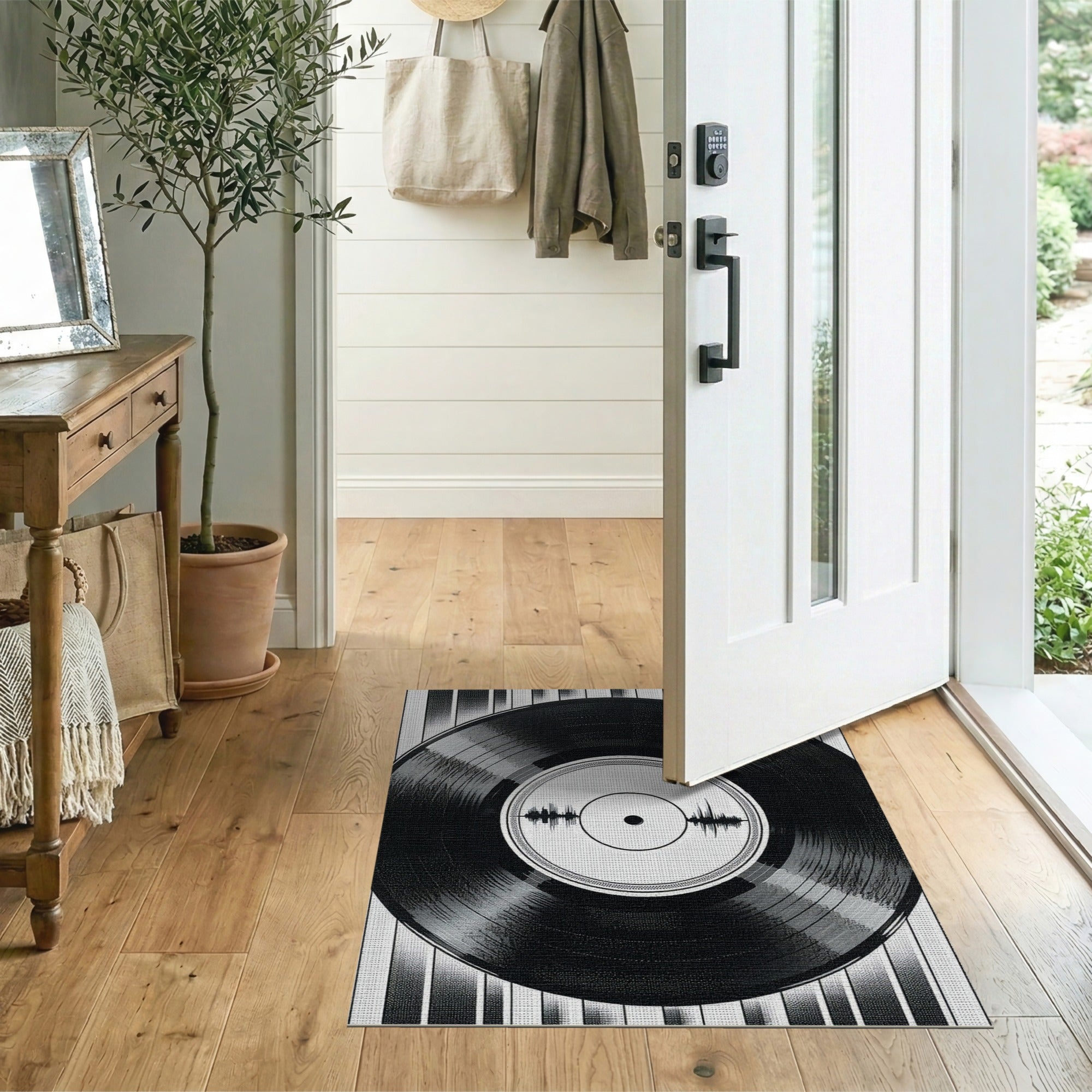 Retro Vinyl Record Black White Area Rug