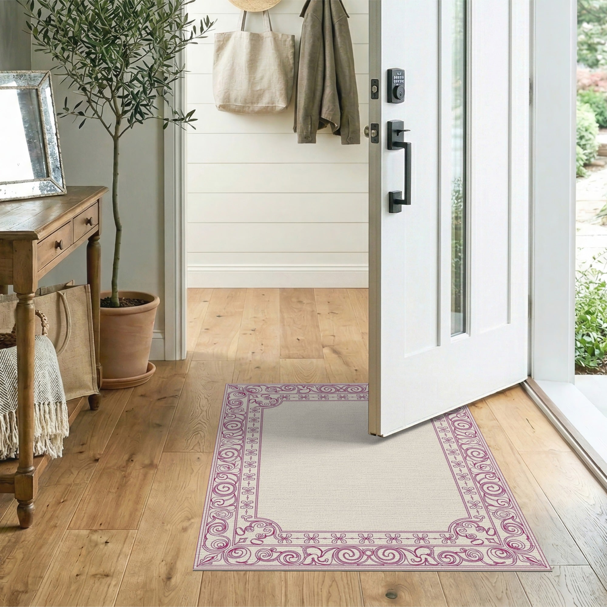 Ornate Pink Floral Border Beige Area Rug