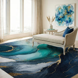 Blue Teal Gold Marble Flow Area Rug