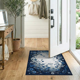 Washable Elegant Blue Botanical Floral Area Rug - Low Pile & Non-Slip