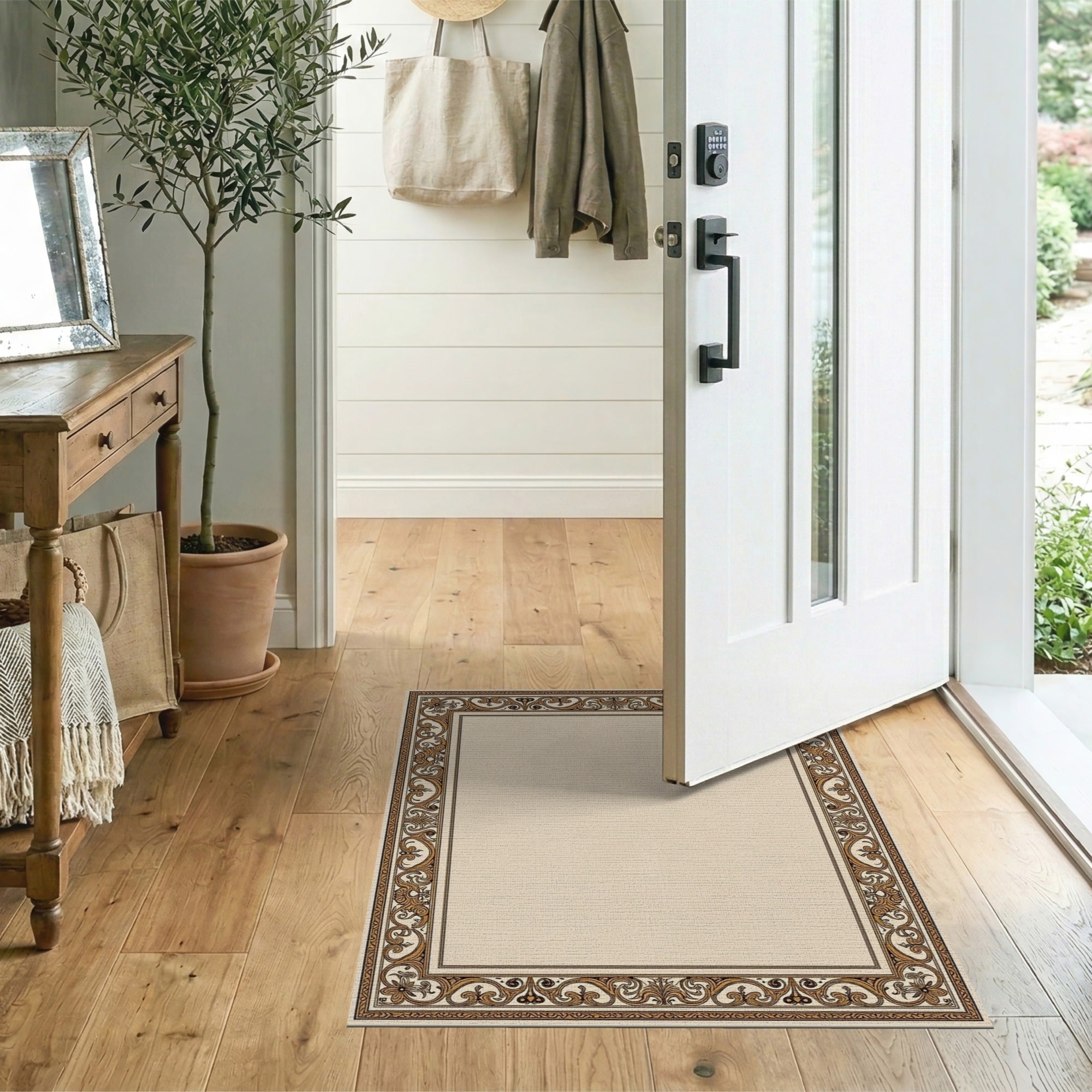 Floral Vintage Beige and Neutral Ornate Floral Border Beige Area Rug