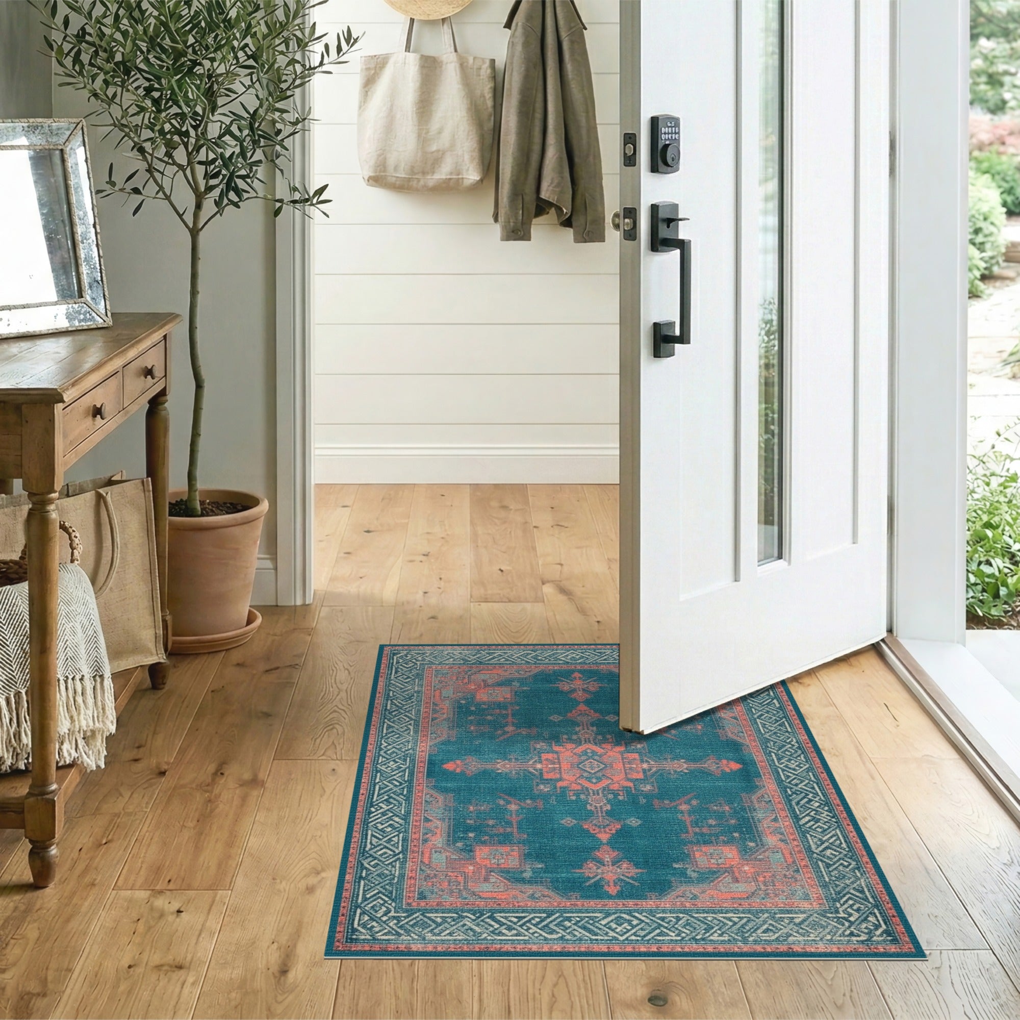 Teal Coral Heritage Tribal Area Rug