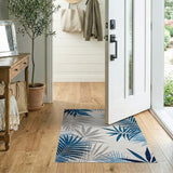 ODIKA Washable Tropical Palm Leaf Area Rug, Blue & Grey Low Pile Non-Slip Carpet