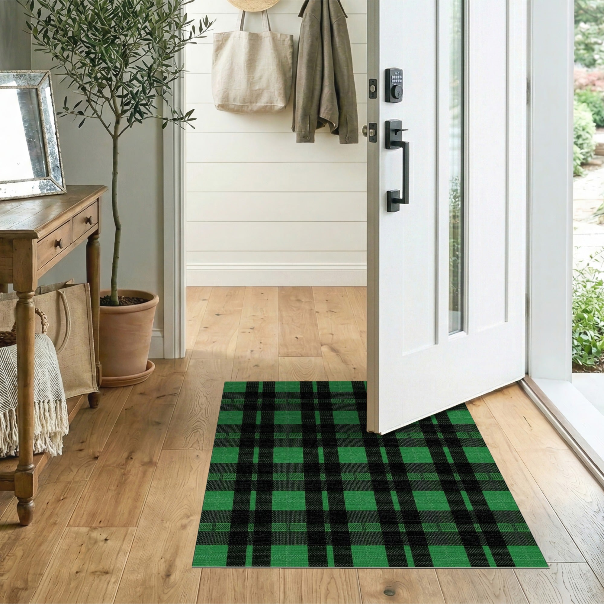 Green Rustic Farmhouse Green Black Buffalo Check Area Rug