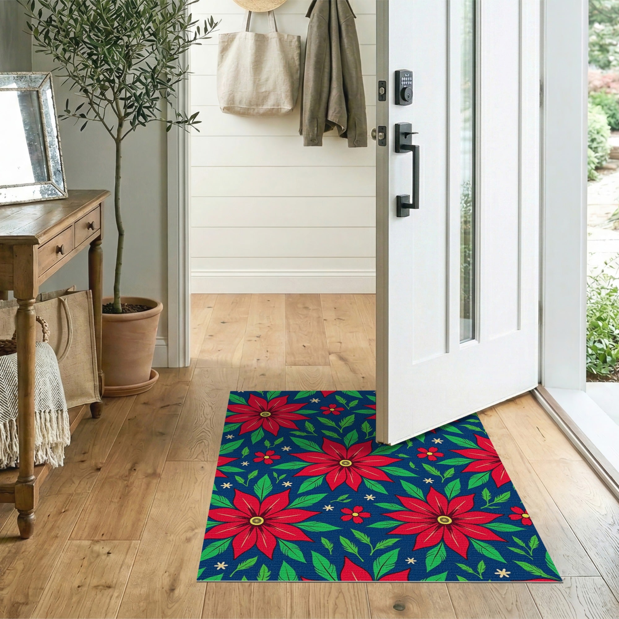 Floral Vintage Multi-color and Patterns Vibrant Red Poinsettia Floral Area Rug