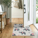 Playful Grey Elephant Pink Hearts Nursery Rug