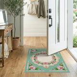 Ornate Pink Hibiscus Teal Frame Area Rug