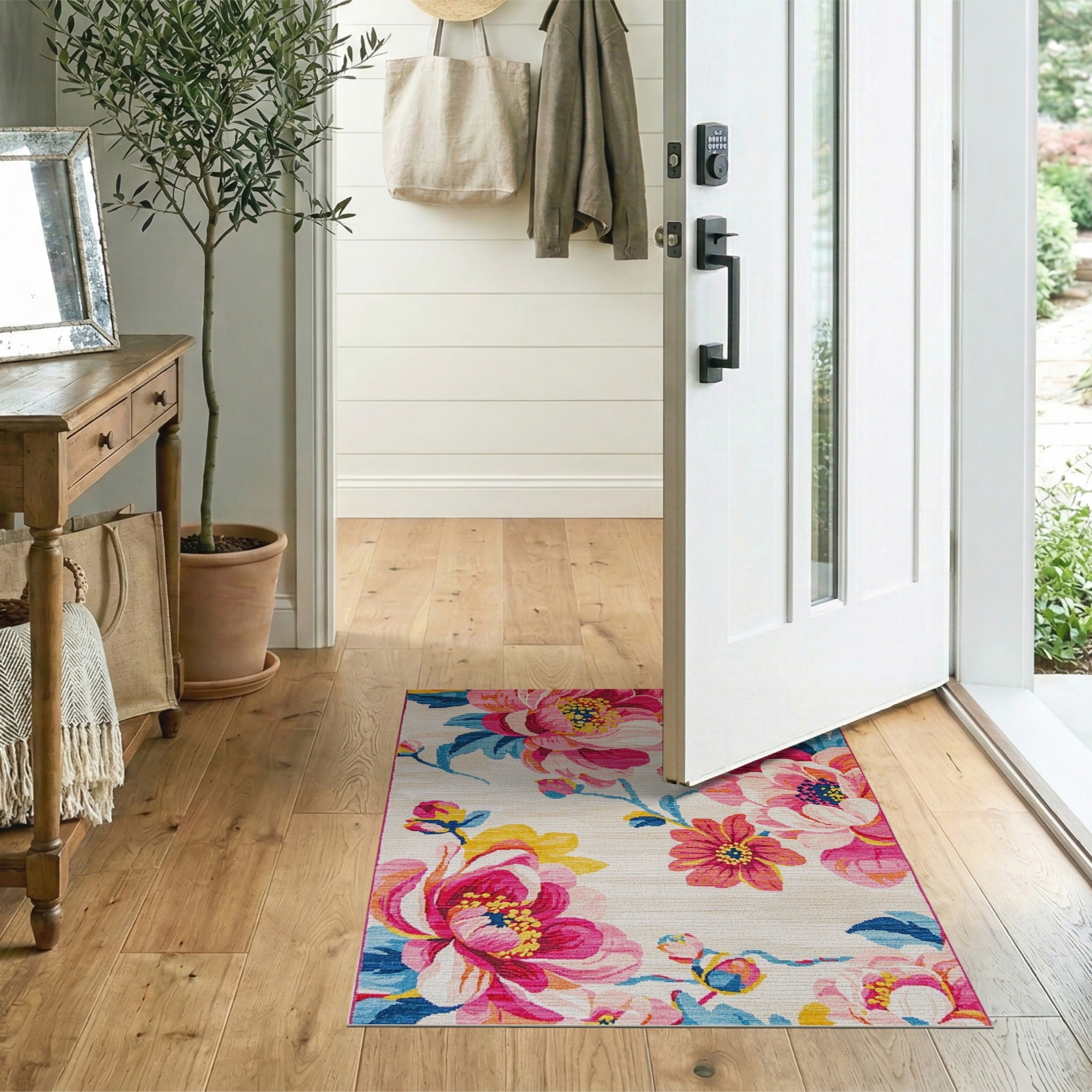 Floral Vintage Multi-color and Patterns Vibrant Pink Peony Floral Area Rug