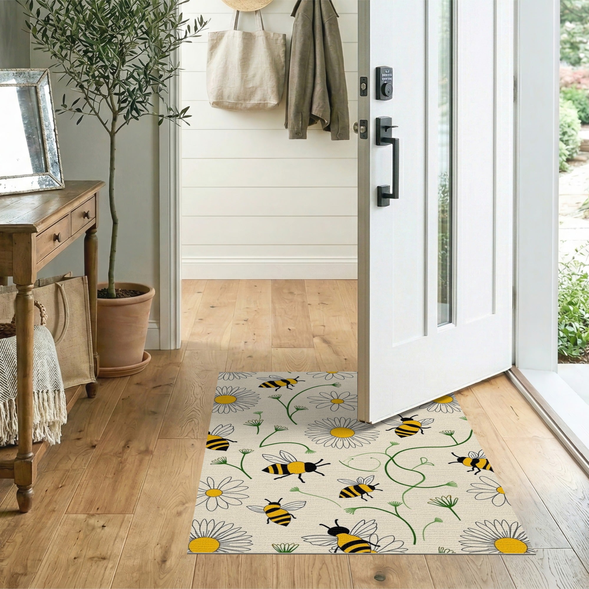 ODIKA Washable Bumblebee & Daisy Floral Rug - Low Pile, Non-Slip, Pet & Kid Friendly