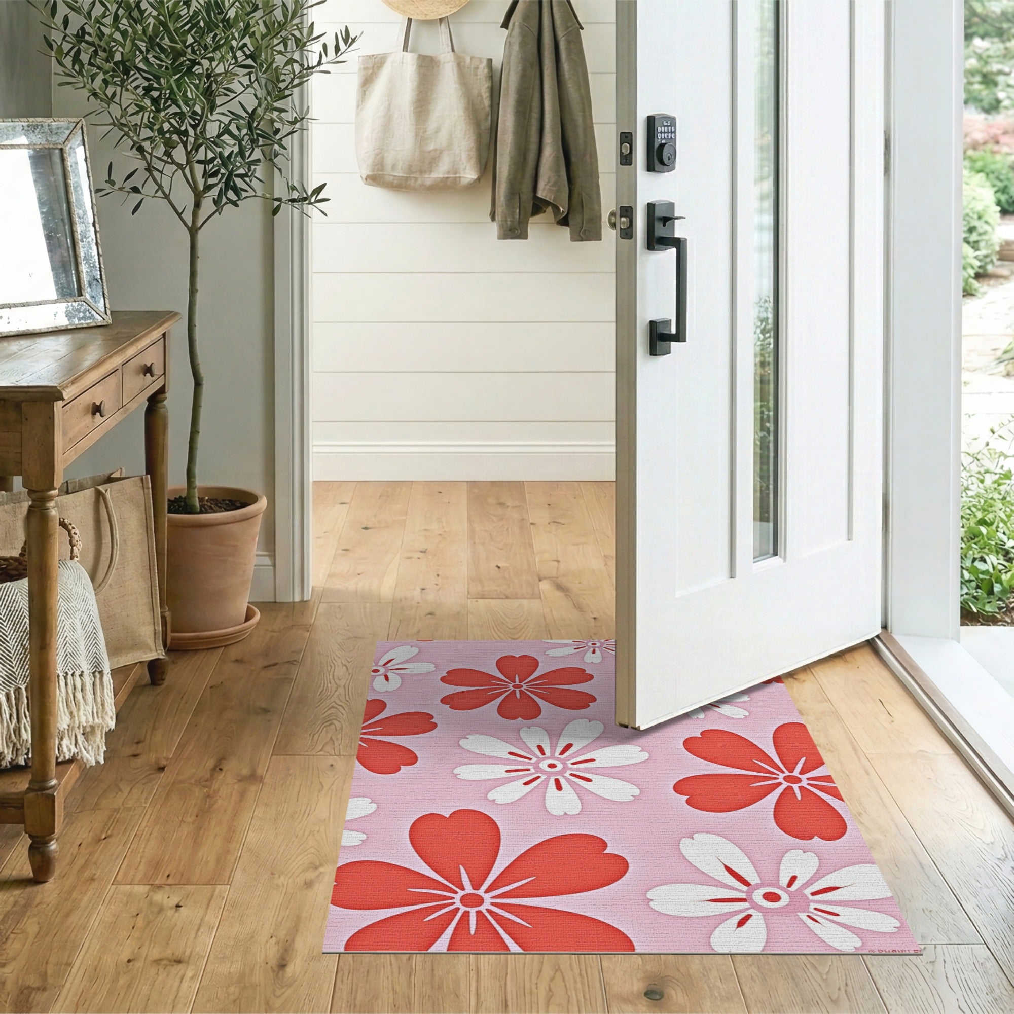 Playful Pink Rug with Red White Floral Cutouts
