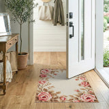 Pink Roses Floral Border Cream Area Rug