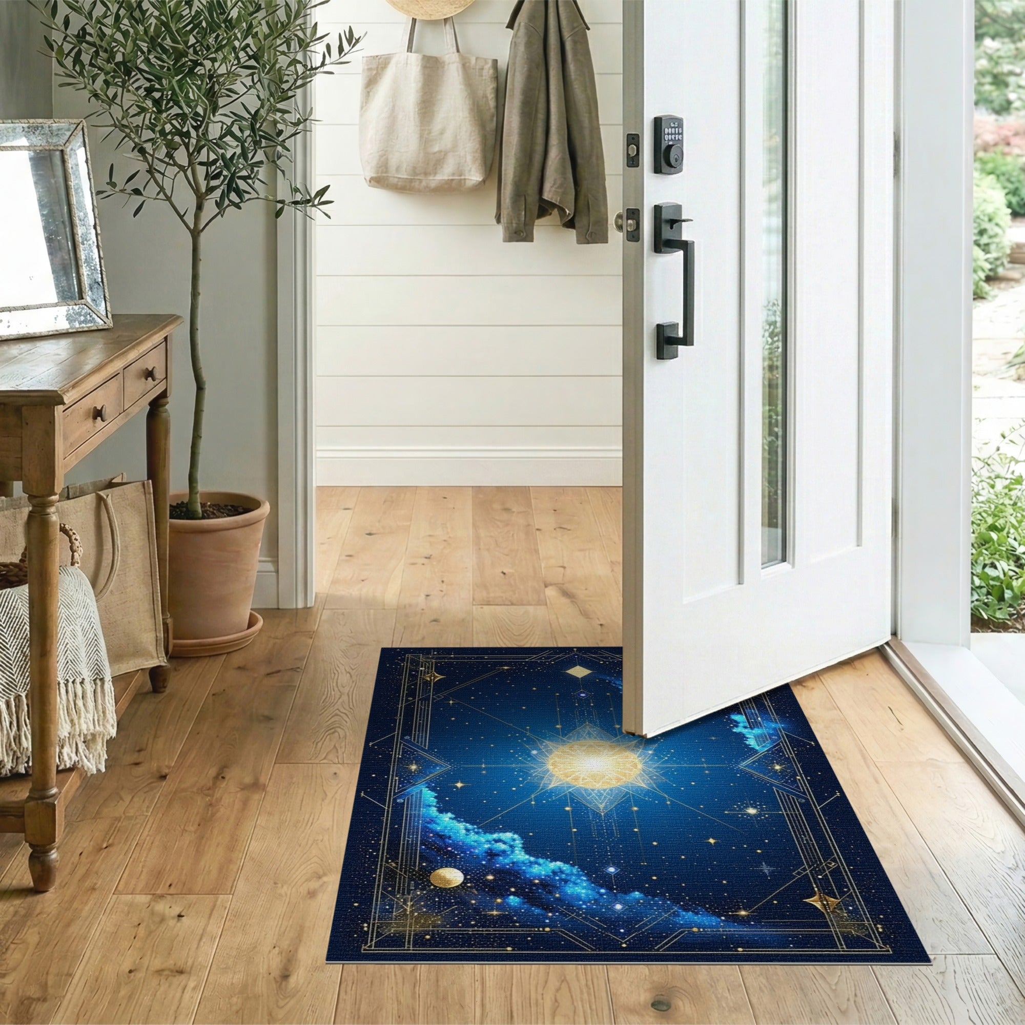 Washable Celestial Sun & Moon Area Rug - Navy Blue and Gold Mystical Low Pile Carpet