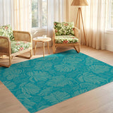 ODIKA Washable Teal Tropical Leaf Area Rug - Non-Slip & Low Pile Botanical Rug