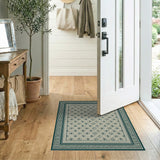 Teal Geometric Motif Area Rug with Greek Key Border