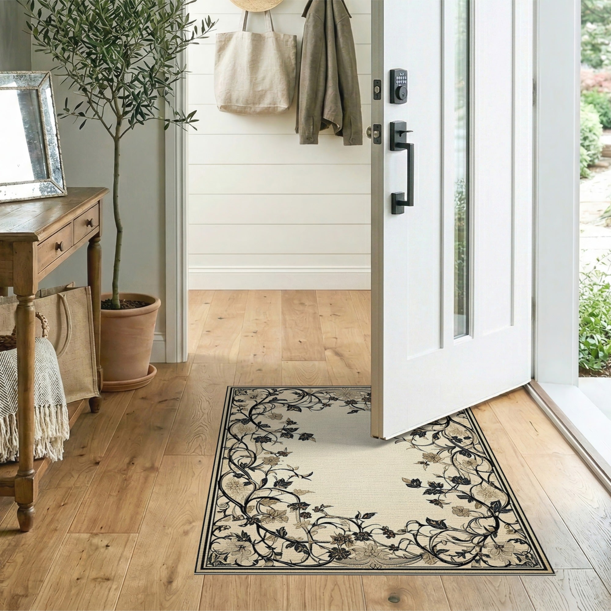 Elegant Floral Border Area Rug in Beige Black
