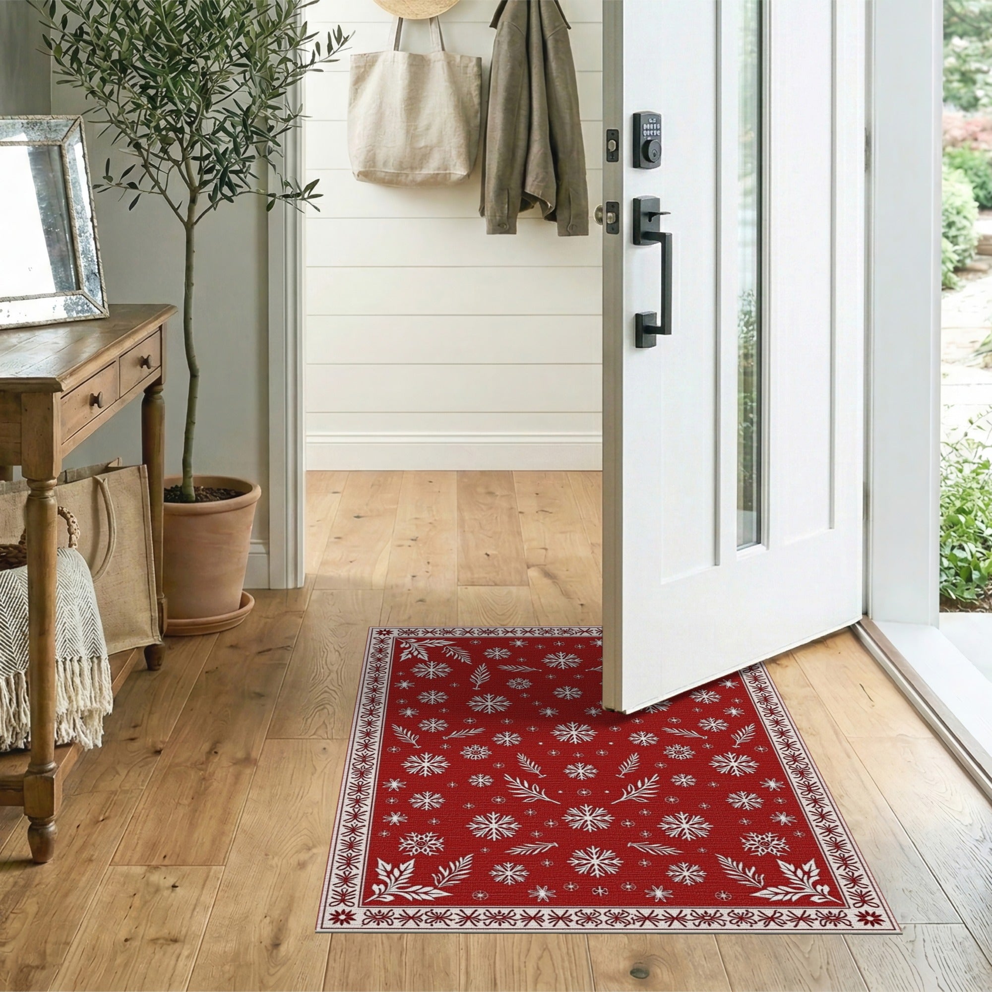 Festive Red Snowflake and Evergreen Branch Area Rug