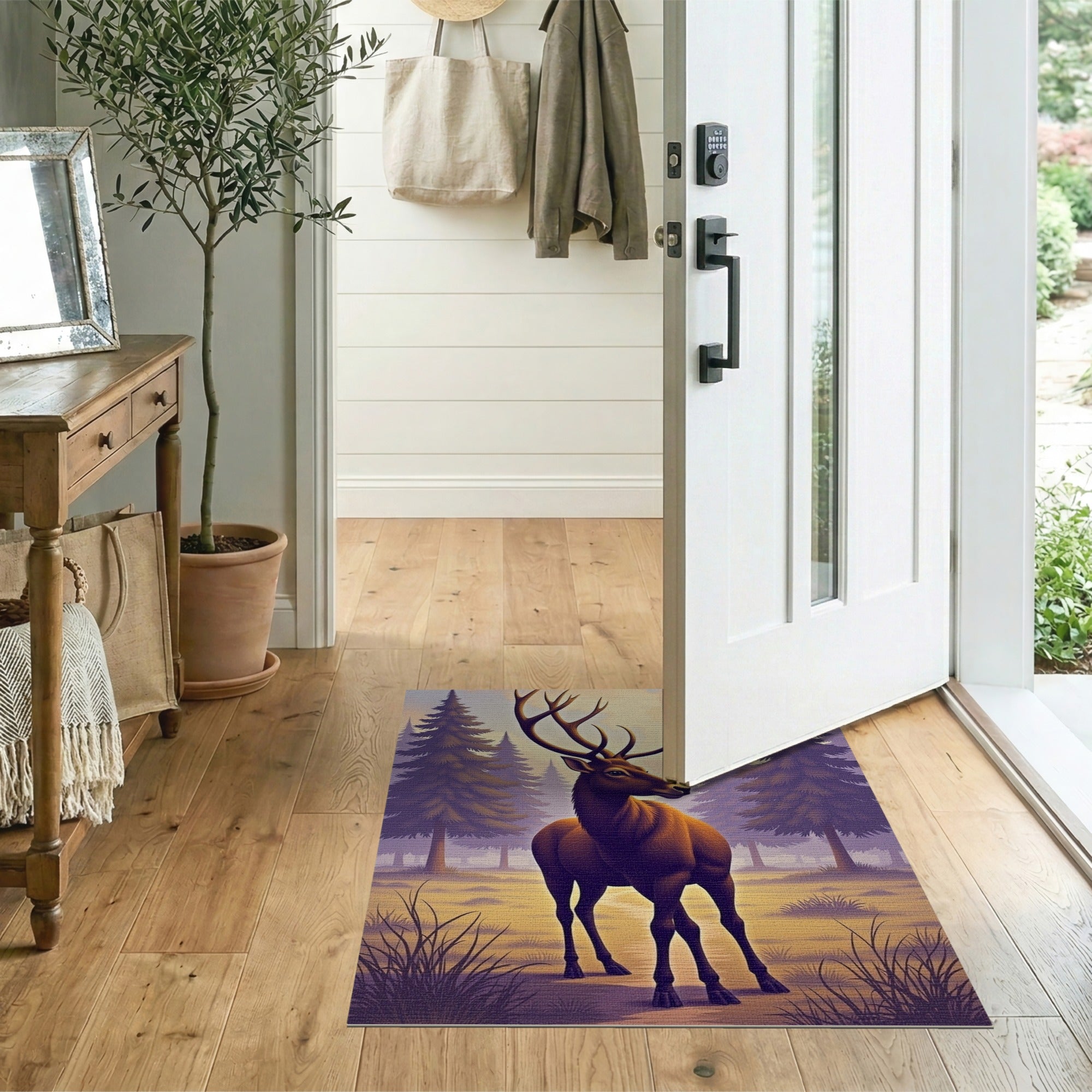 Majestic Stag in Purple Pine Forest Area Rug