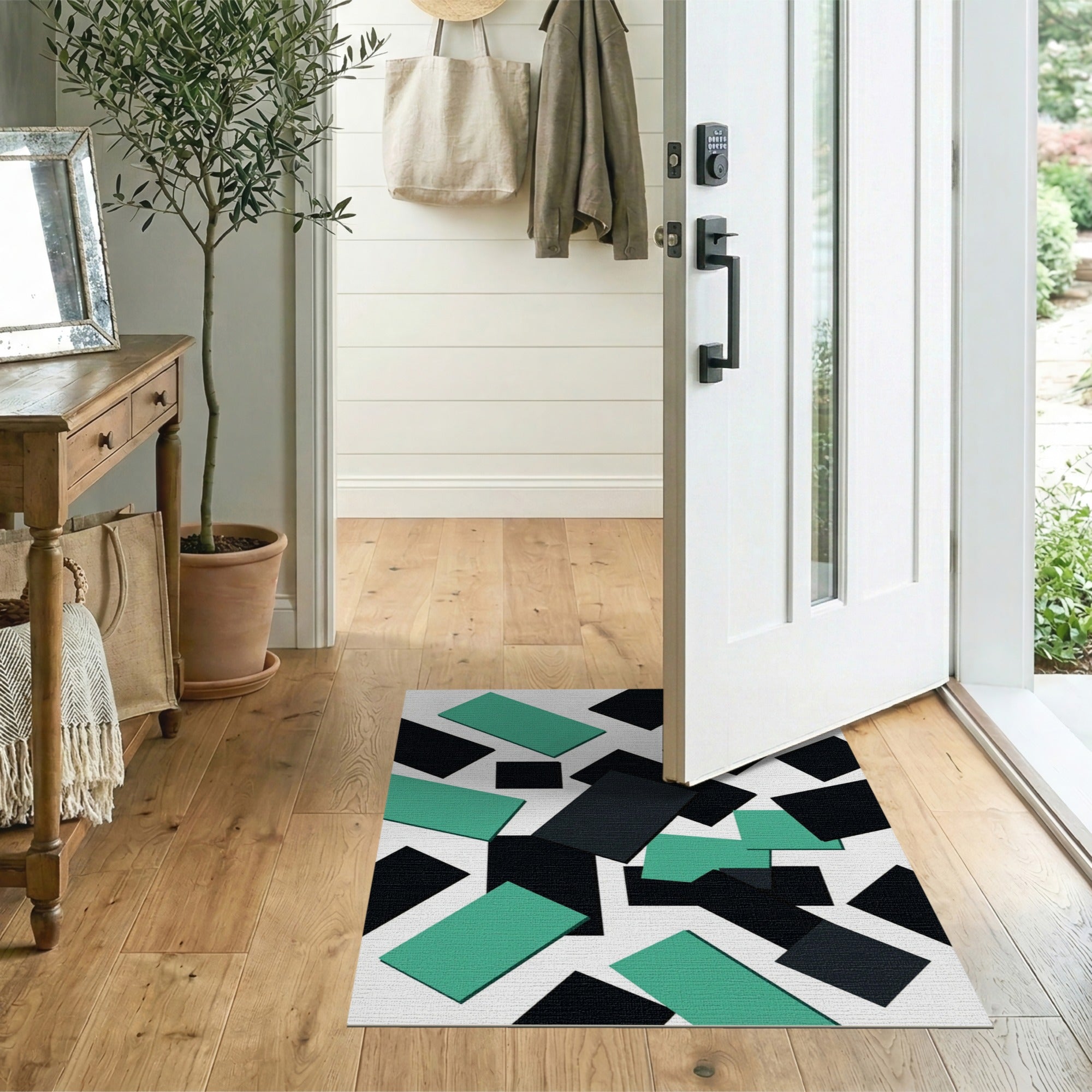 Teal Black Geometric Overlap Area Rug