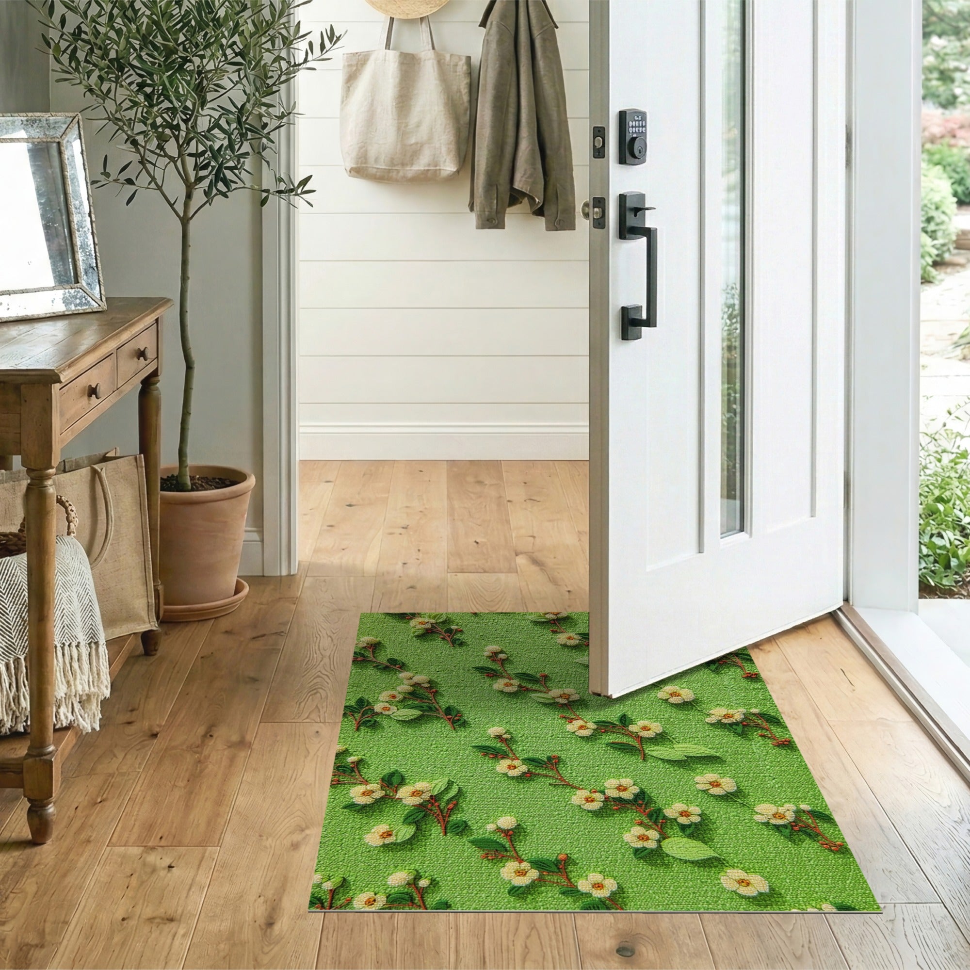 Verdant Green Rug with Yellow Blossom Motifs