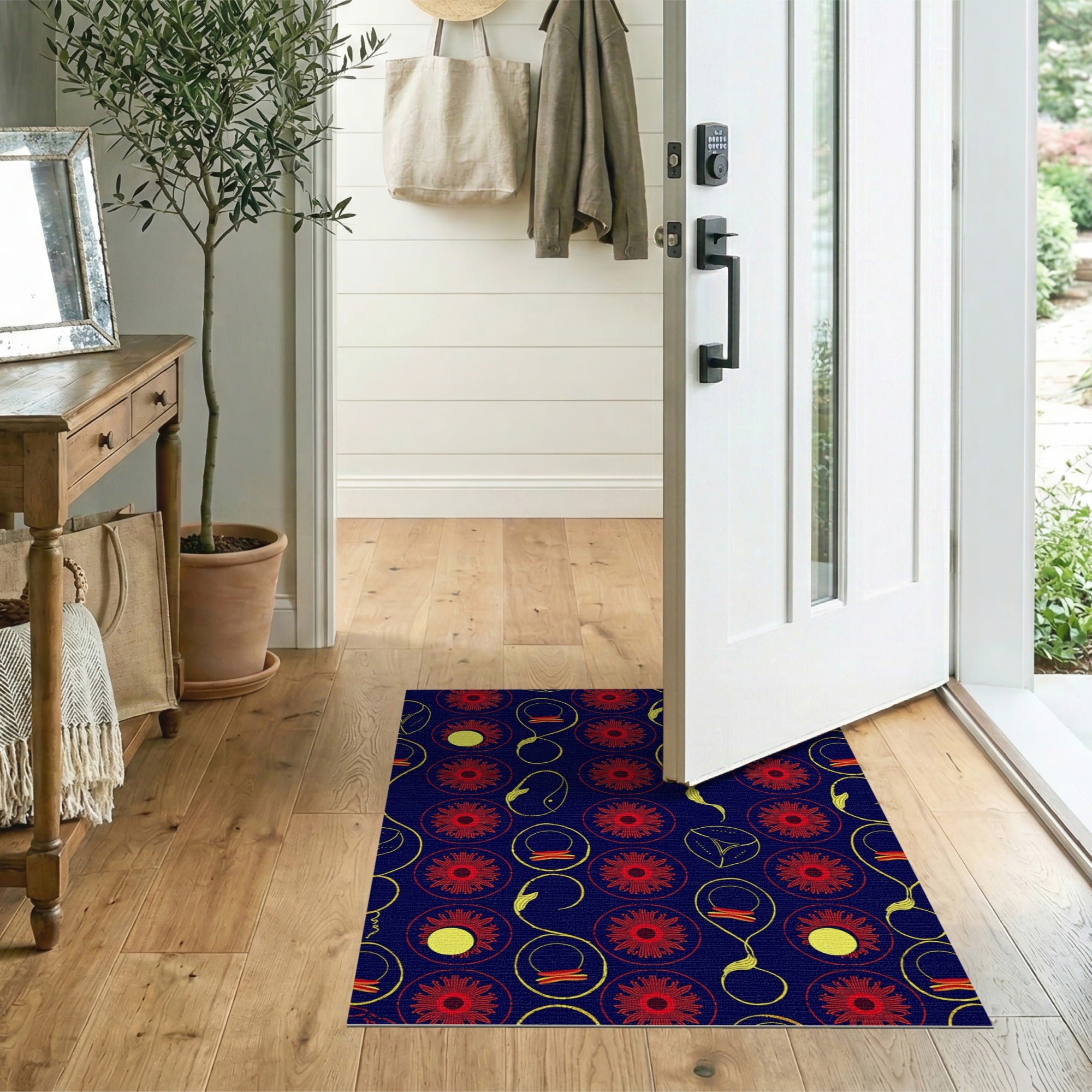 Vibrant Red Sunflower Navy Tribal Rug