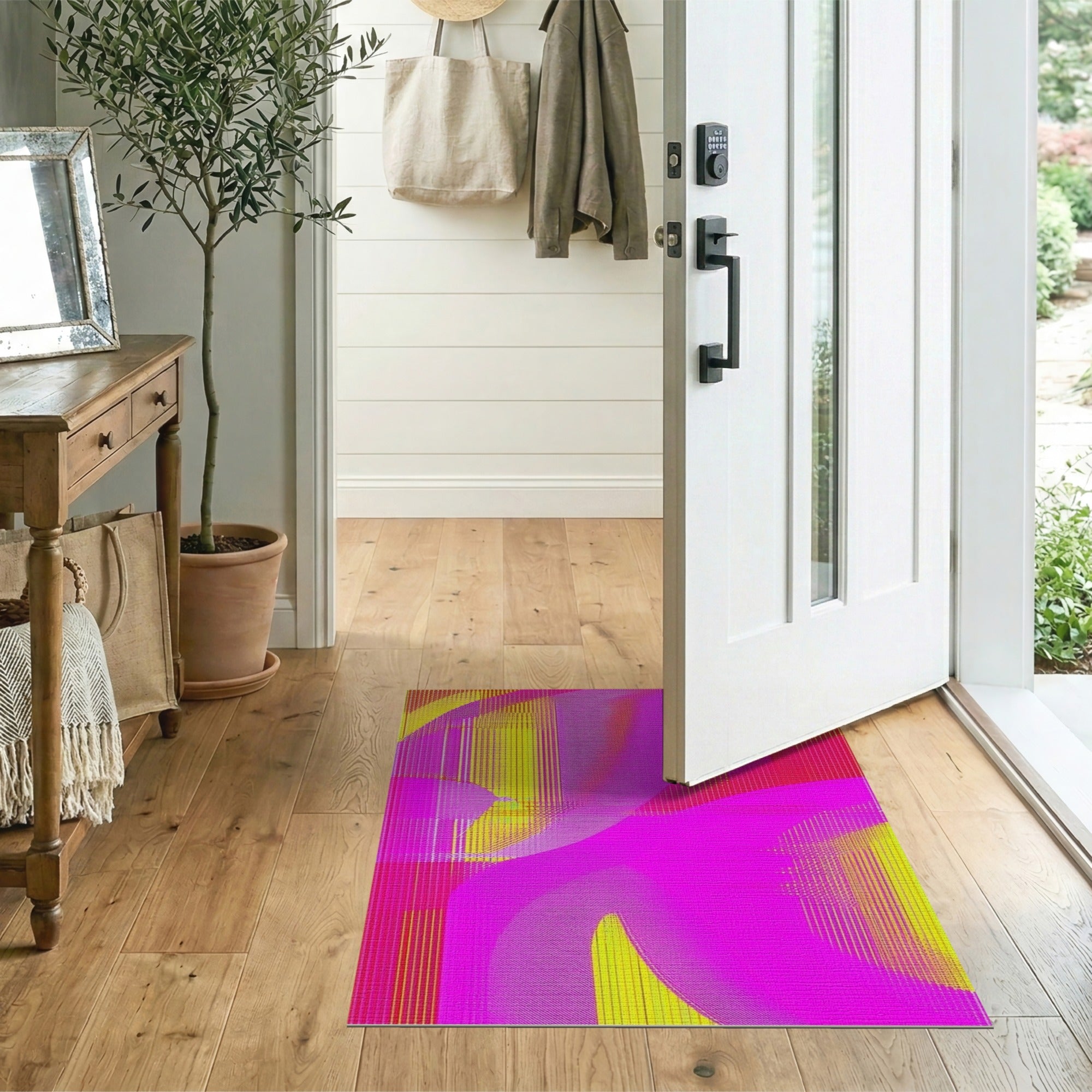 ODIKA Modern Abstract Neon Pink & Yellow Washable Rug - Low Pile Non-Slip Area Rug