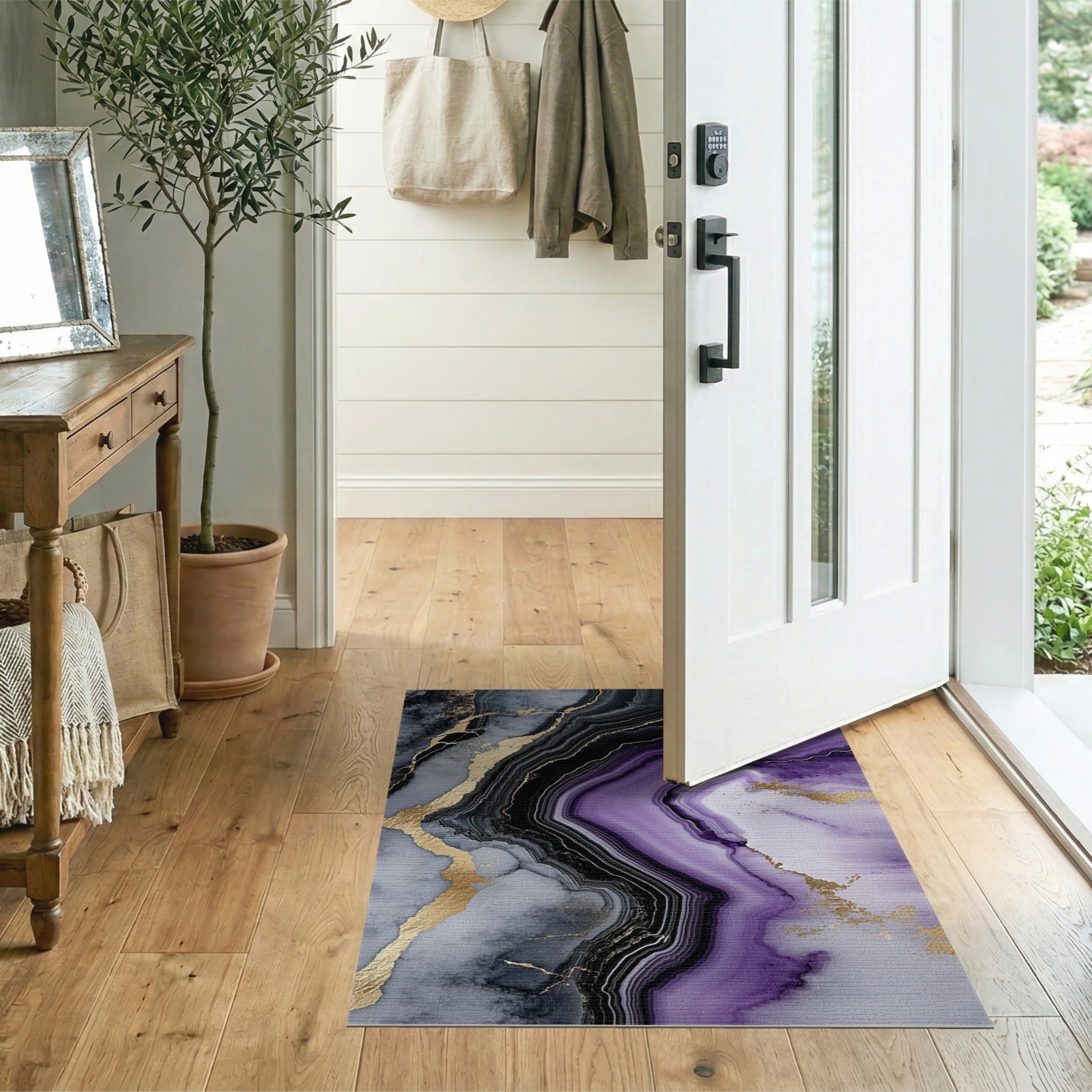 ODIKA Purple Marble Agate Washable Area Rug - Modern Gold Low Pile Non-Slip Carpet