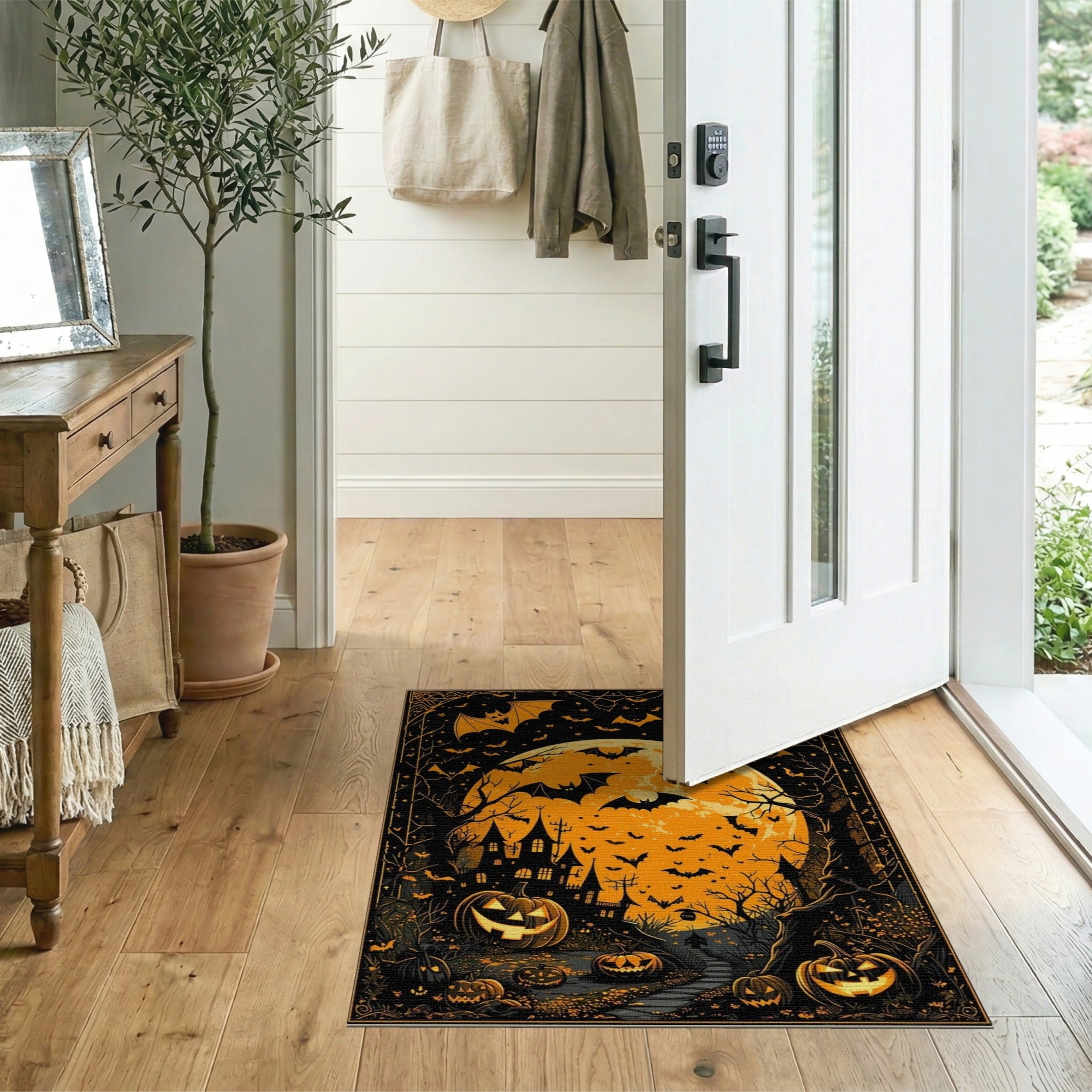 Haunted Halloween Castle Bats Pumpkins Rug
