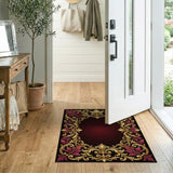 Ornate Gold Baroque Frame Rug with Red Leaves