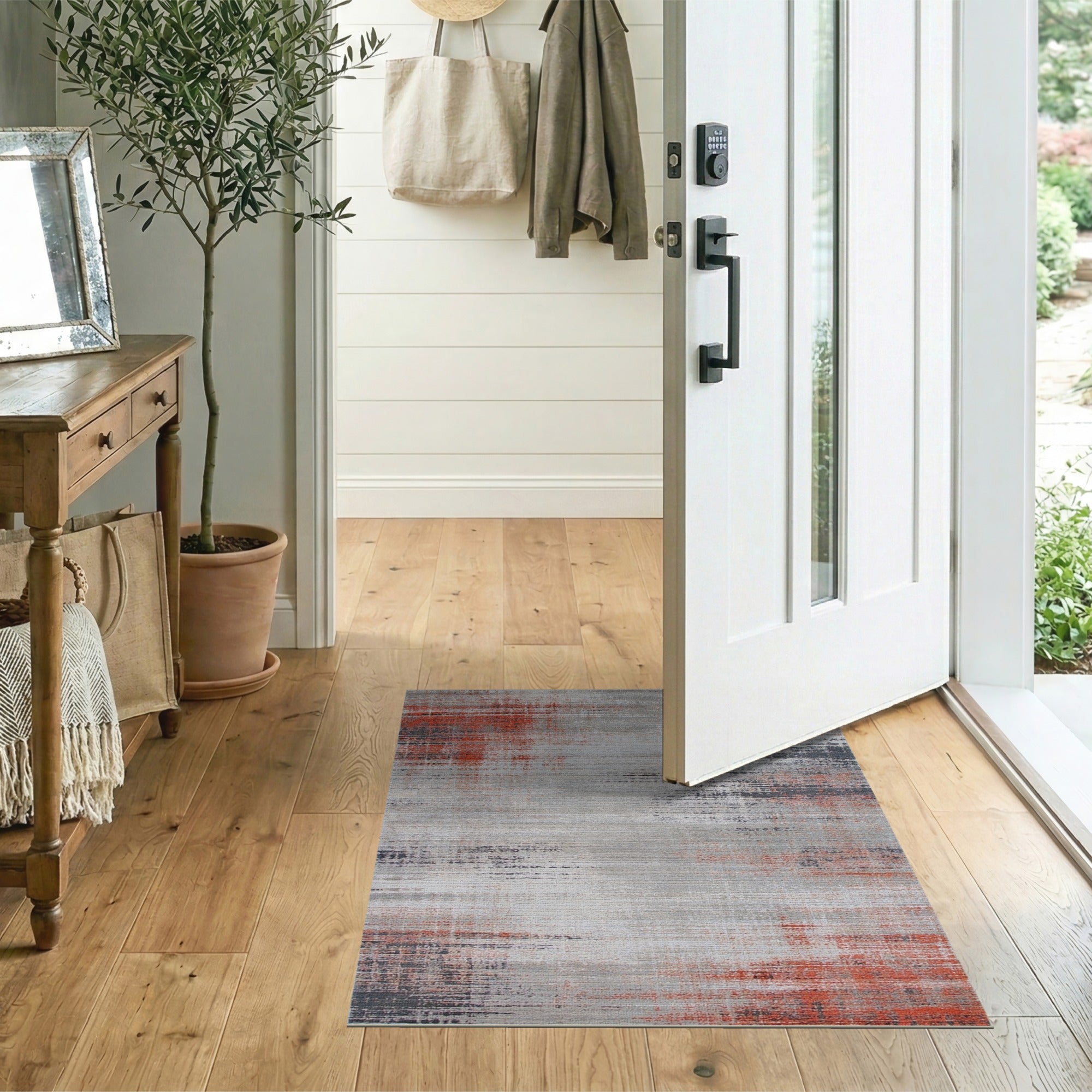 Grey Grey Red Distressed Abstract Area Rug
