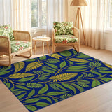 ODIKA Washable Navy Blue Tropical Leaf Area Rug - Low Pile Non-Slip Botanical Carpet