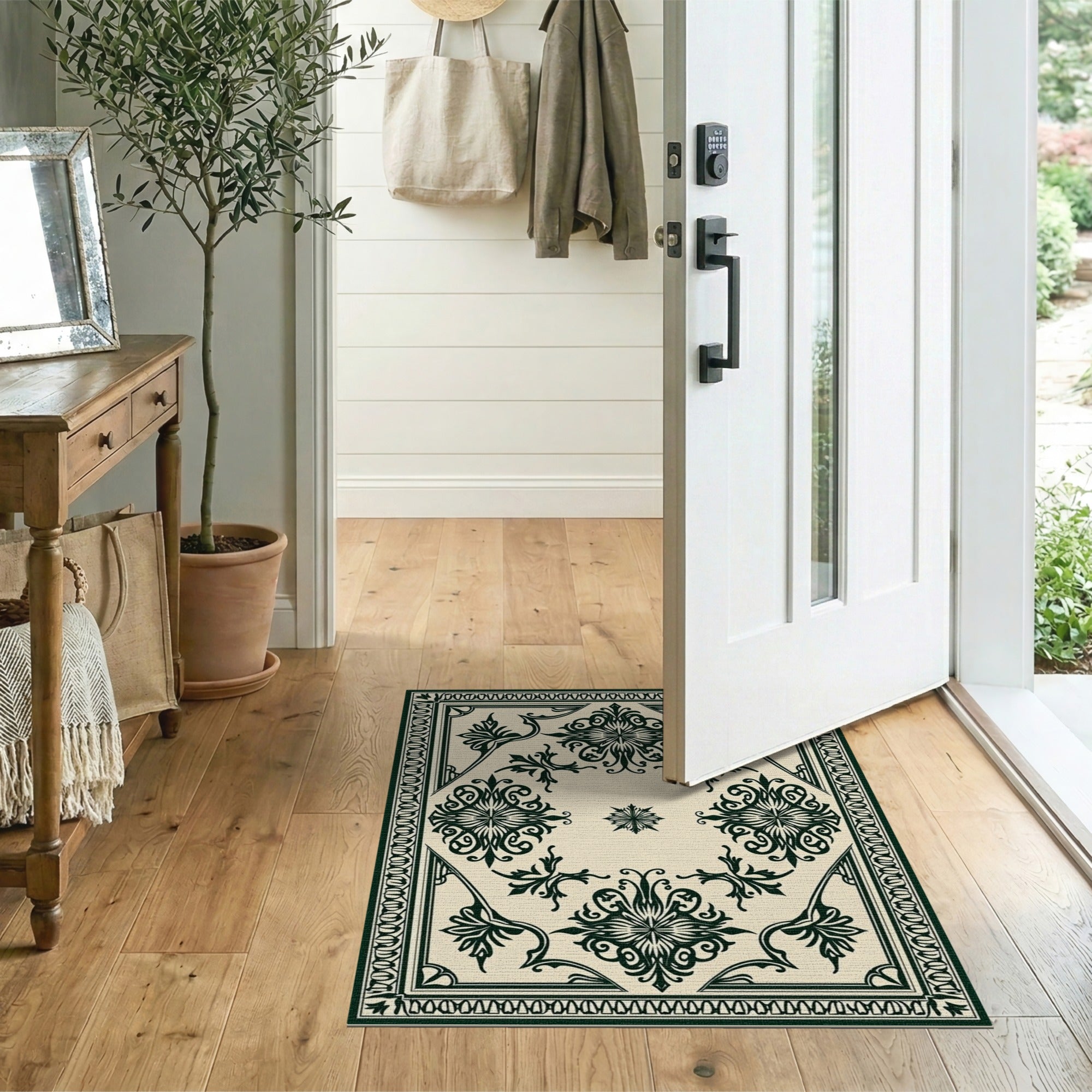 Ornate Black Floral Persian Area Rug on Cream Beige