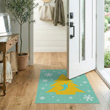 Festive Yellow Christmas Tree Snowflakes Teal Rug