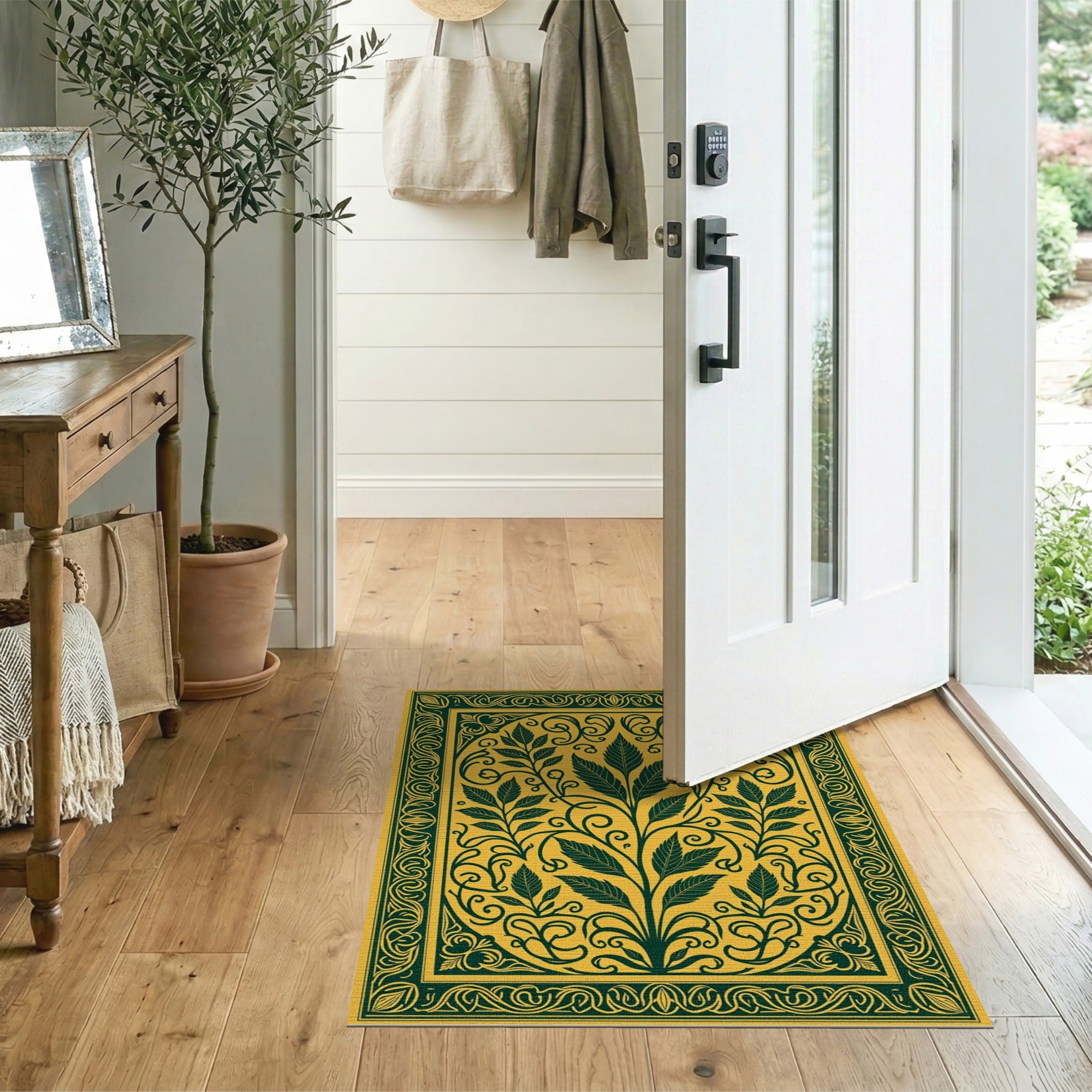 ODIKA Vintage Botanical Washable Area Rug - Yellow & Forest Green Low Pile Non-Slip Carpet