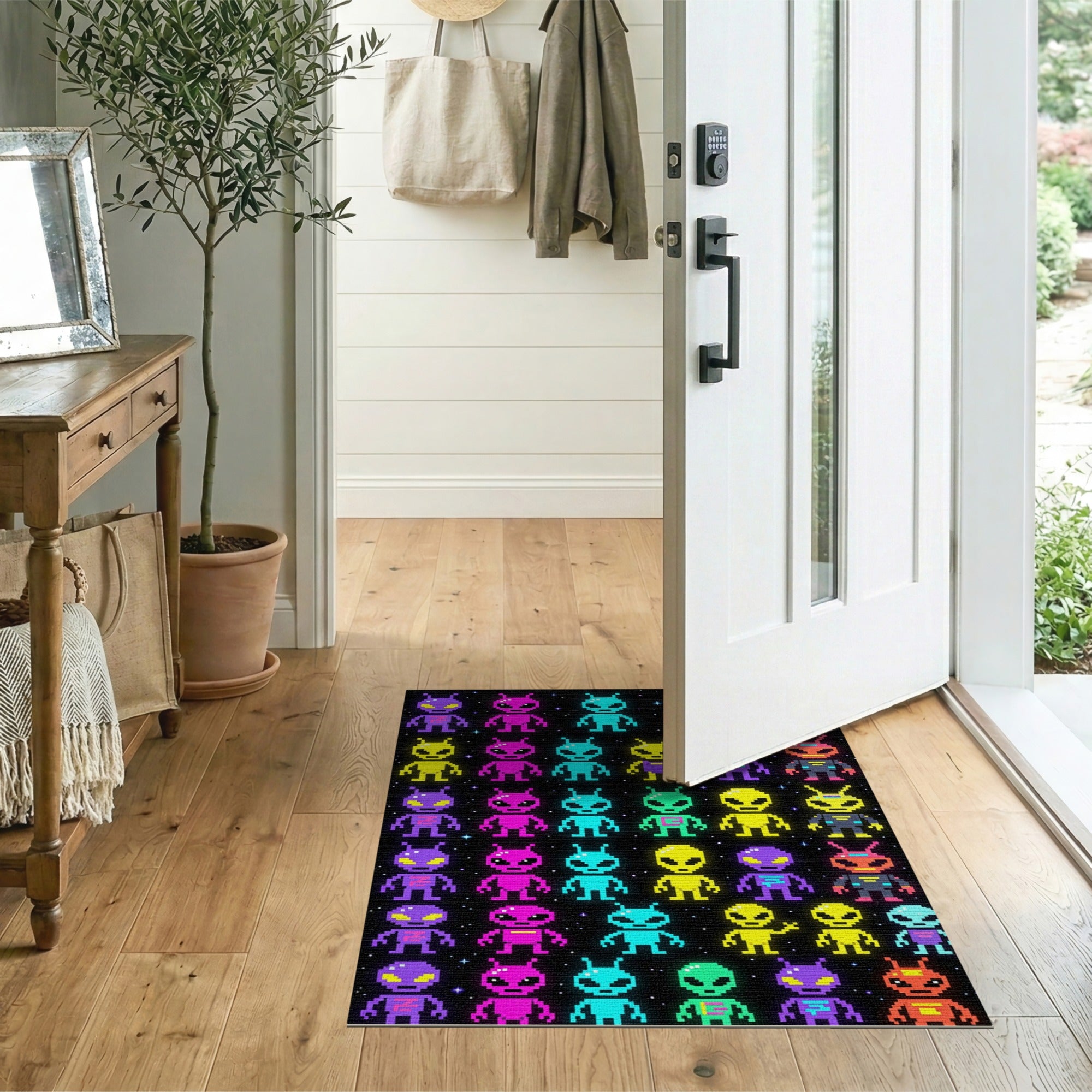Neon Pixel Aliens Area Rug