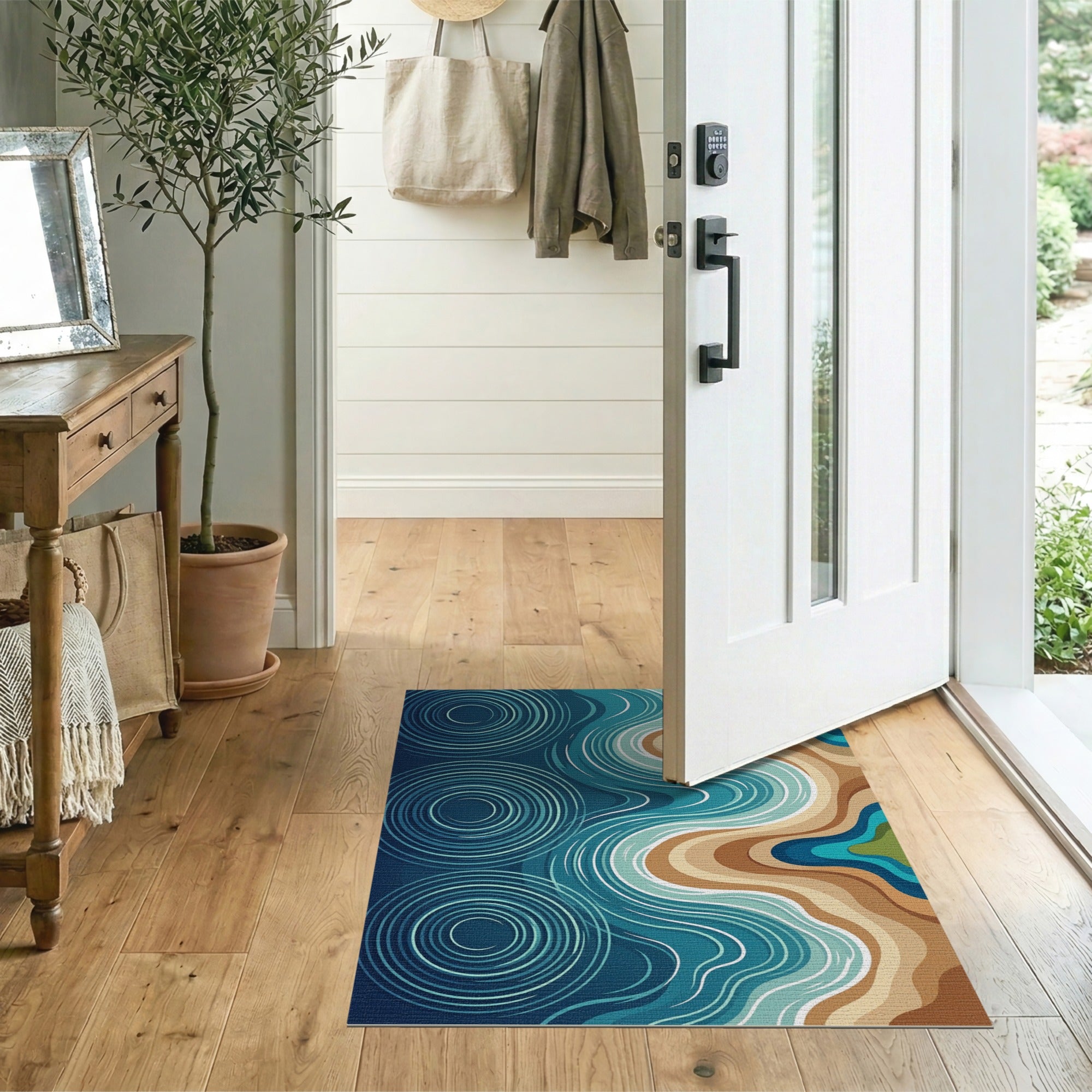 Coastal Blue Teal Wave Ripple Area Rug