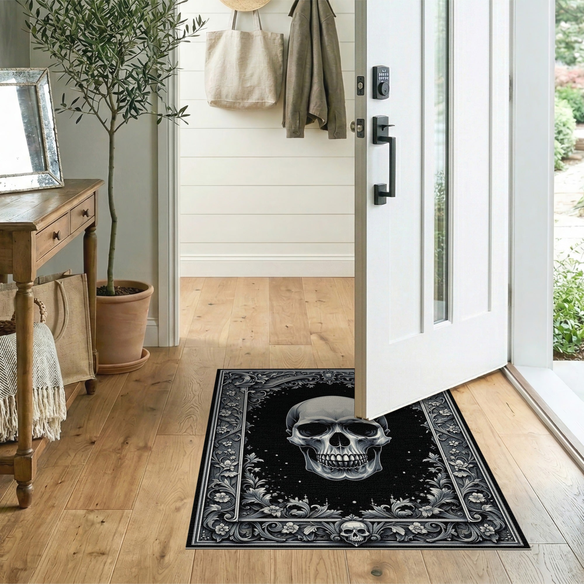ODIKA Gothic Skull Washable Area Rug - Vintage Floral Low Pile Non-Slip Living Room Carpet